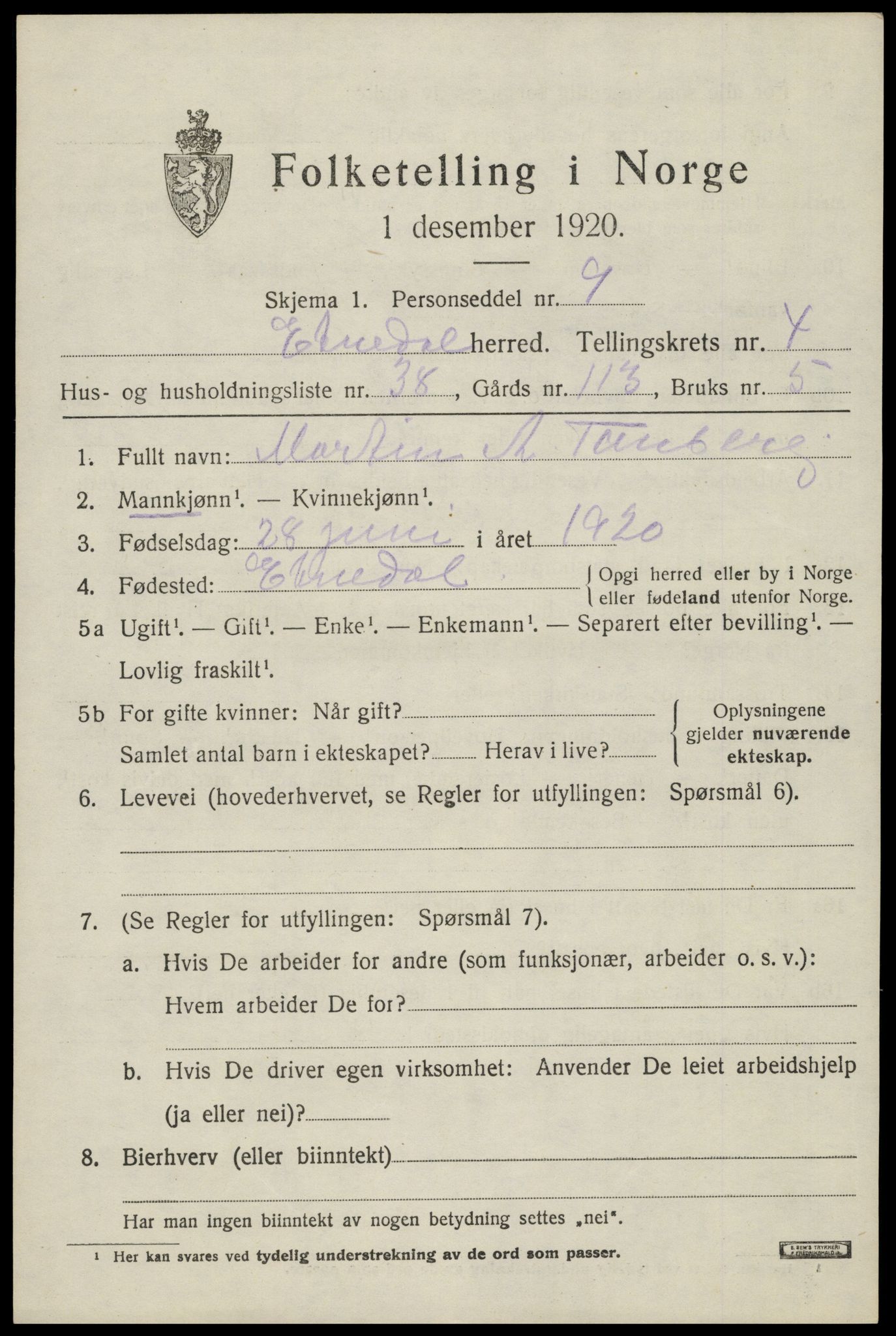 SAH, 1920 census for Etnedal, 1920, p. 1916