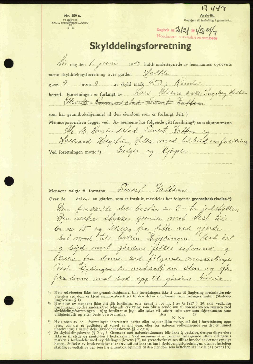 Nordmøre sorenskriveri, AV/SAT-A-4132/1/2/2Ca: Mortgage book no. A93, 1942-1942, Diary no: : 2121/1942