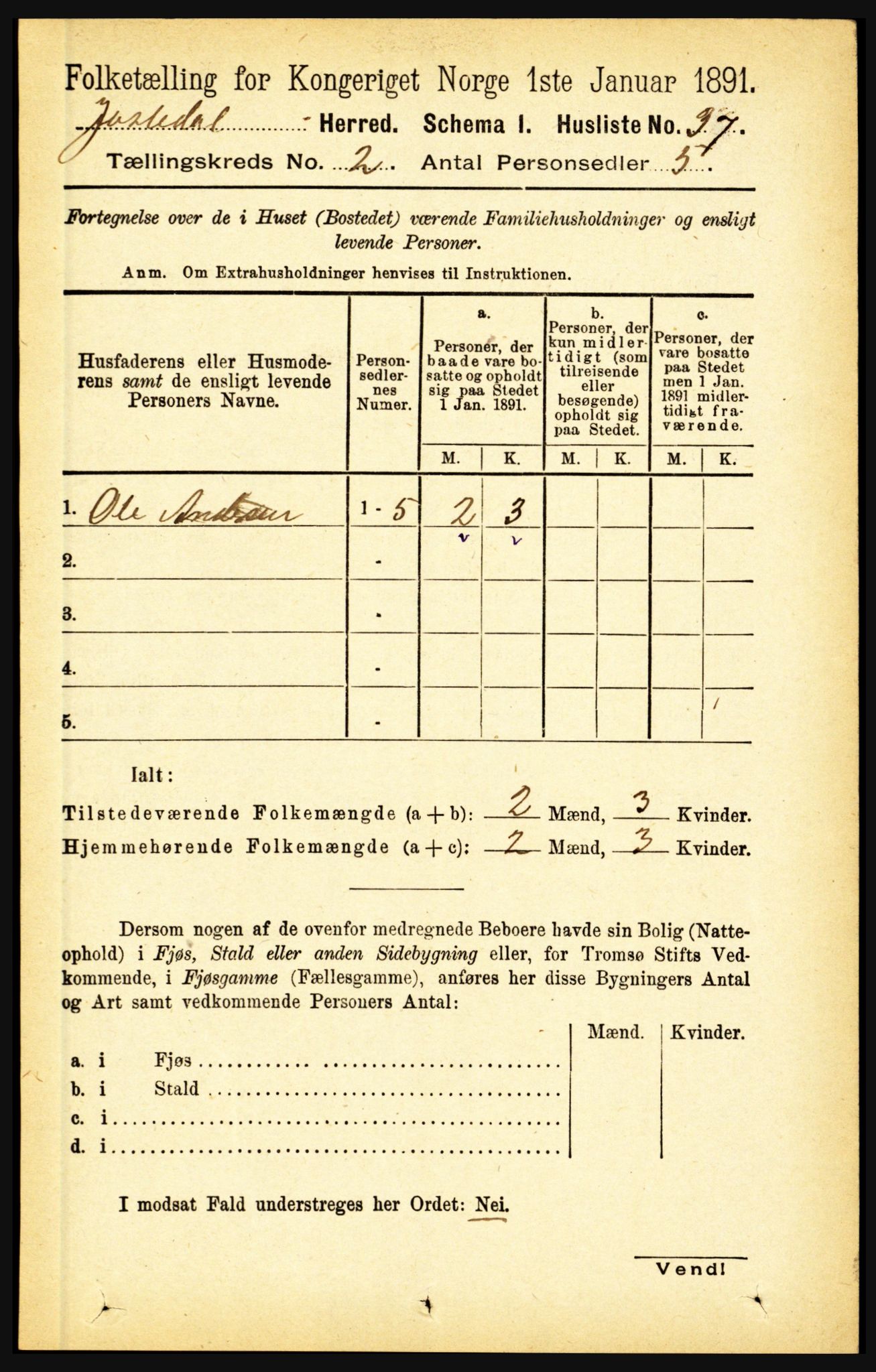 RA, 1891 census for 1427 Jostedal, 1891, p. 488