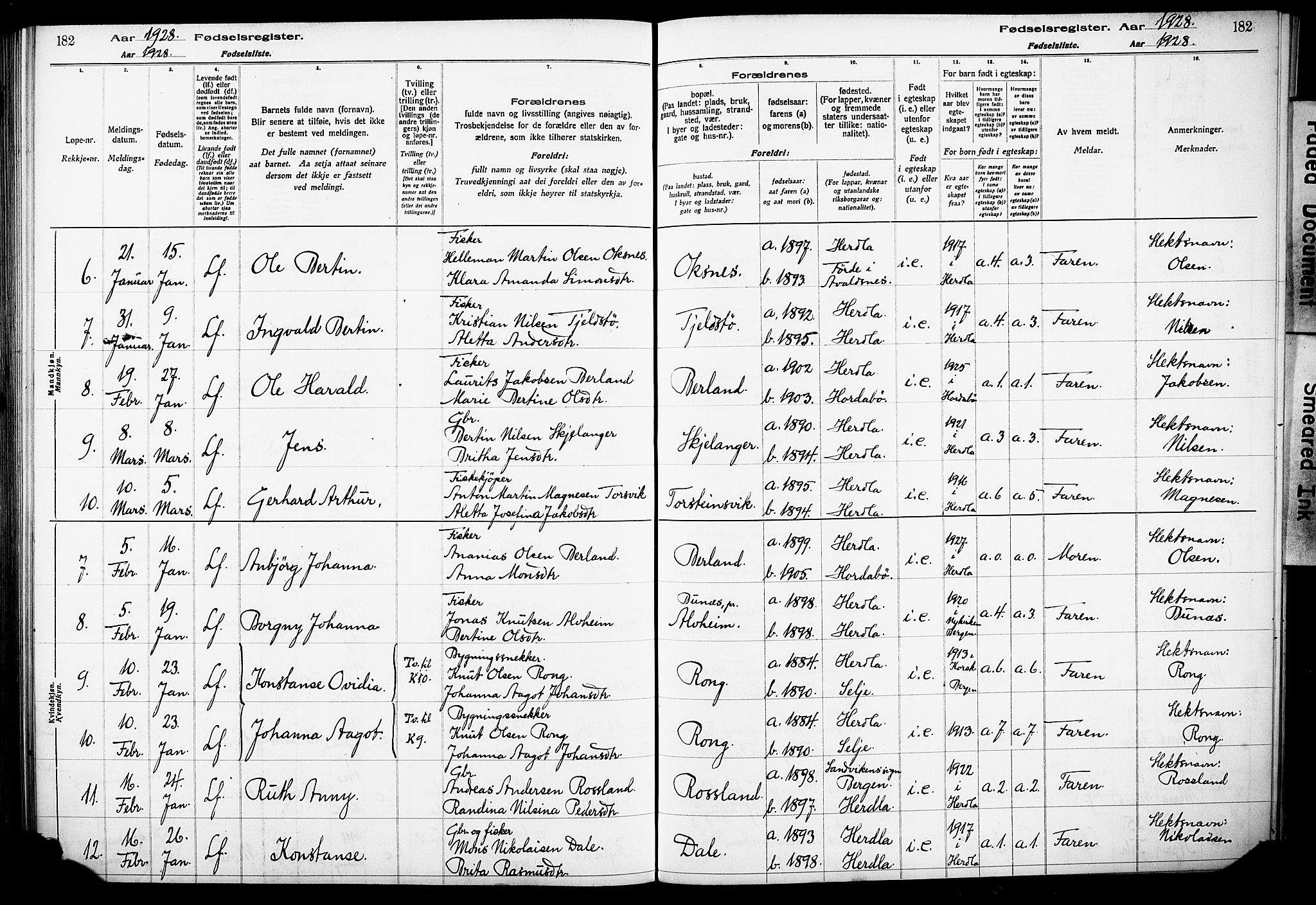 Herdla Sokneprestembete, SAB/A-75701/I/Id/L00A1: Birth register no. A 1, 1916-1929, p. 182