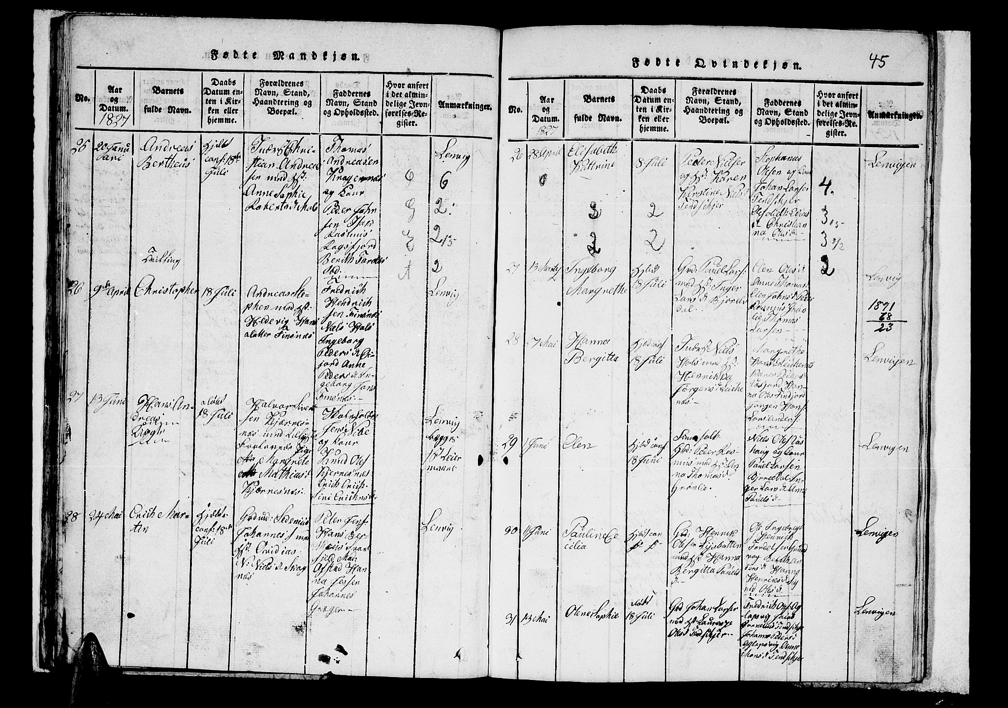 Lenvik sokneprestembete, AV/SATØ-S-1310/H/Ha/Hab/L0001klokker: Parish register (copy) no. 1, 1822-1837, p. 45