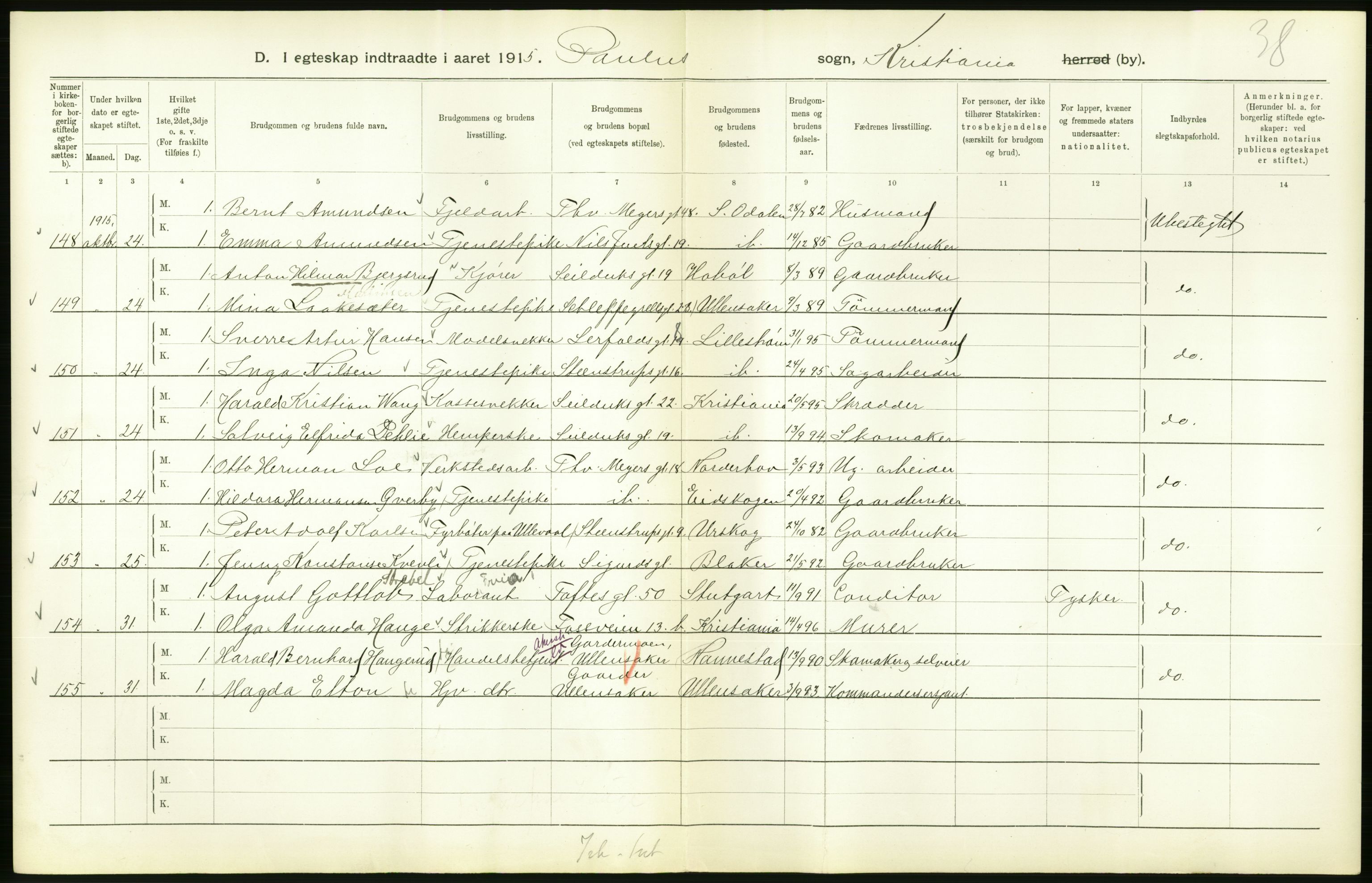 Statistisk sentralbyrå, Sosiodemografiske emner, Befolkning, RA/S-2228/D/Df/Dfb/Dfbe/L0008: Kristiania: Gifte., 1915, p. 518