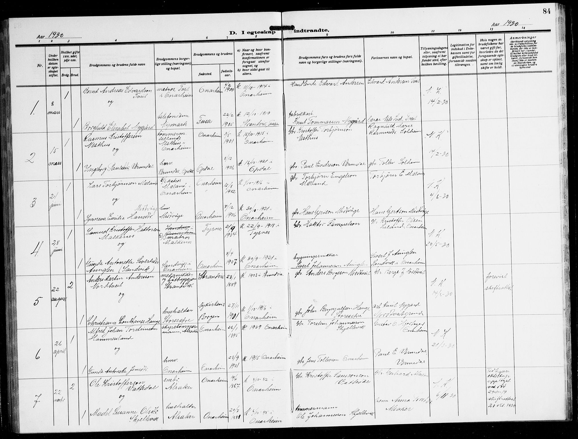 Tysnes sokneprestembete, AV/SAB-A-78601/H/Hab: Parish register (copy) no. C 4, 1925-1945, p. 84