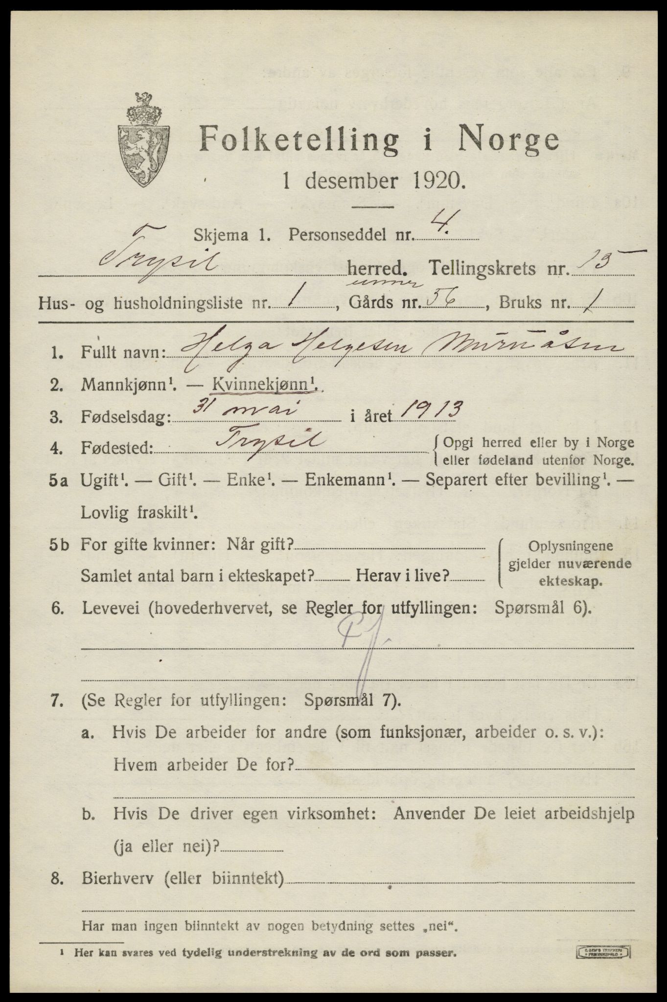 SAH, 1920 census for Trysil, 1920, p. 8791
