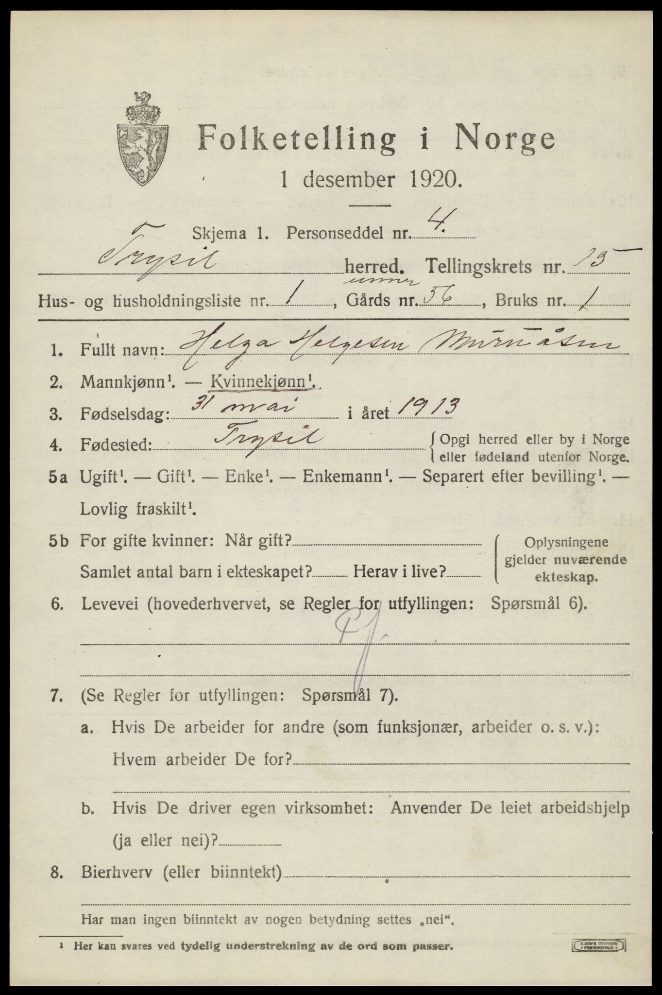 SAH, 1920 census for Trysil, 1920, p. 8791