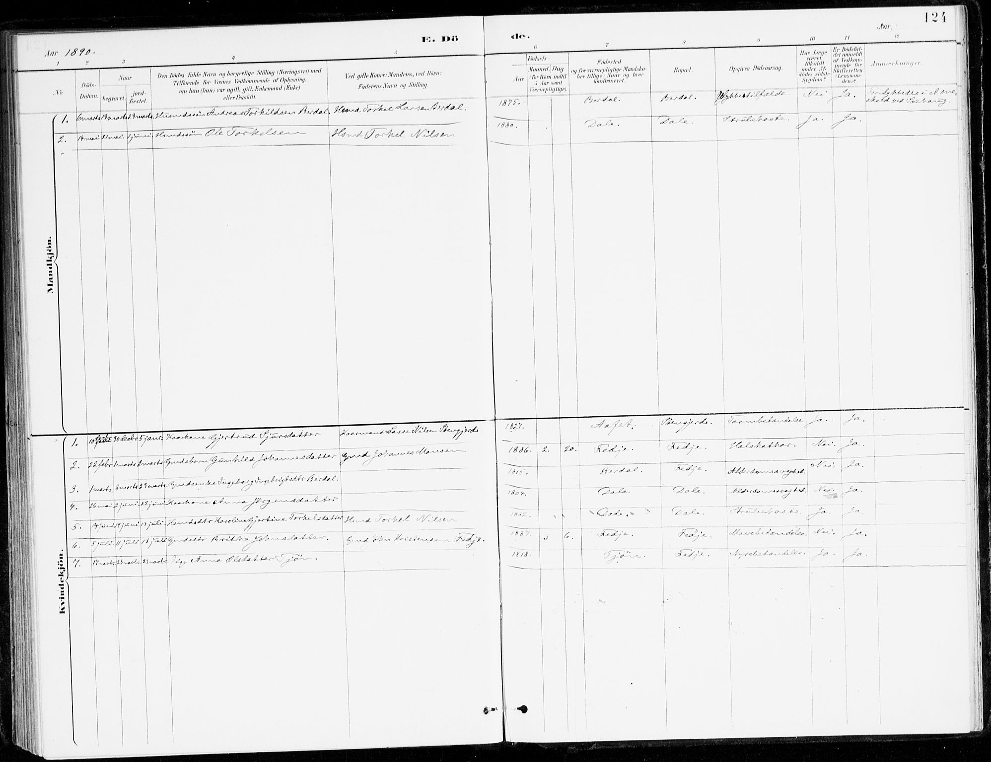 Leikanger sokneprestembete, AV/SAB-A-81001/H/Haa/Haad/L0001: Parish register (official) no. D 1, 1887-1922, p. 124