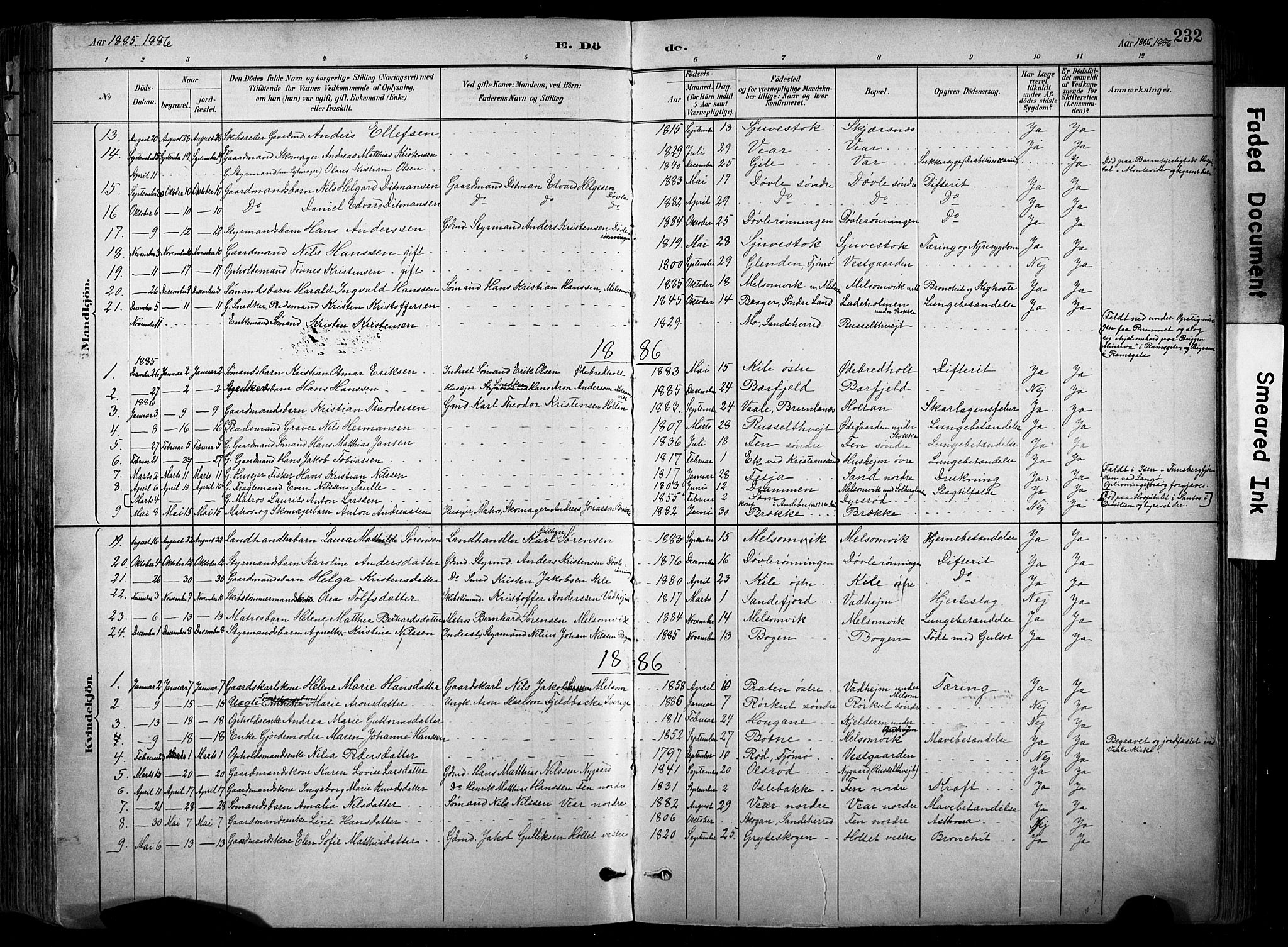 Stokke kirkebøker, SAKO/A-320/F/Fa/L0010: Parish register (official) no. I 10, 1884-1903, p. 232