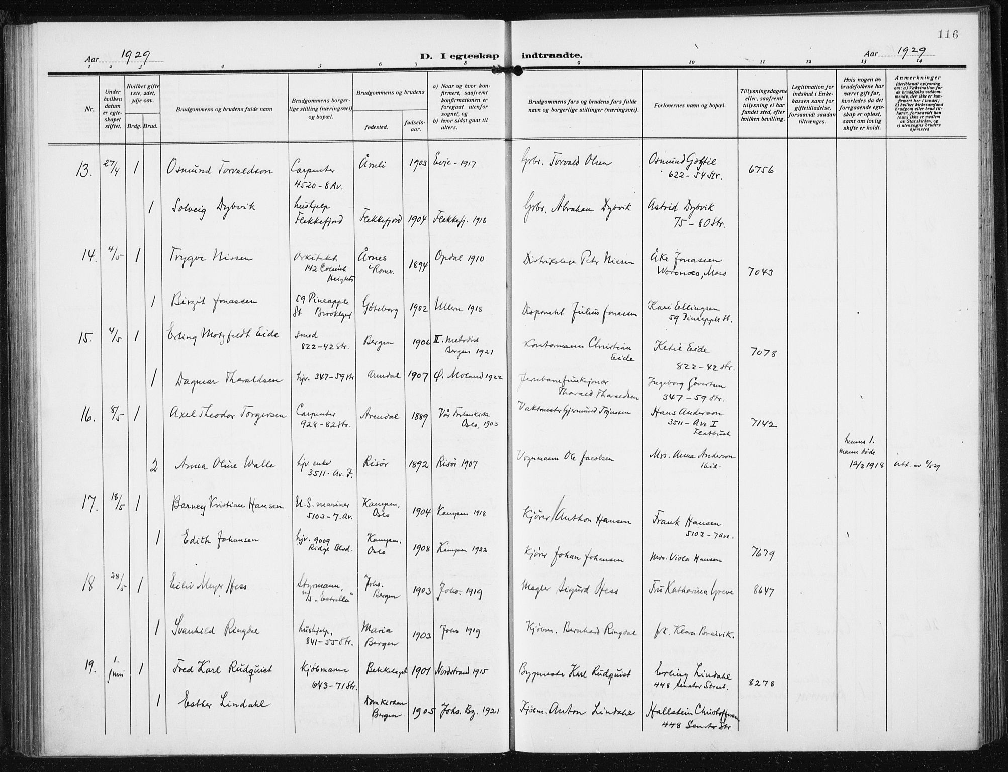 Den norske sjømannsmisjon i utlandet/New York, AV/SAB-SAB/PA-0110/H/Ha/L0008: Parish register (official) no. A 8, 1923-1935, p. 116