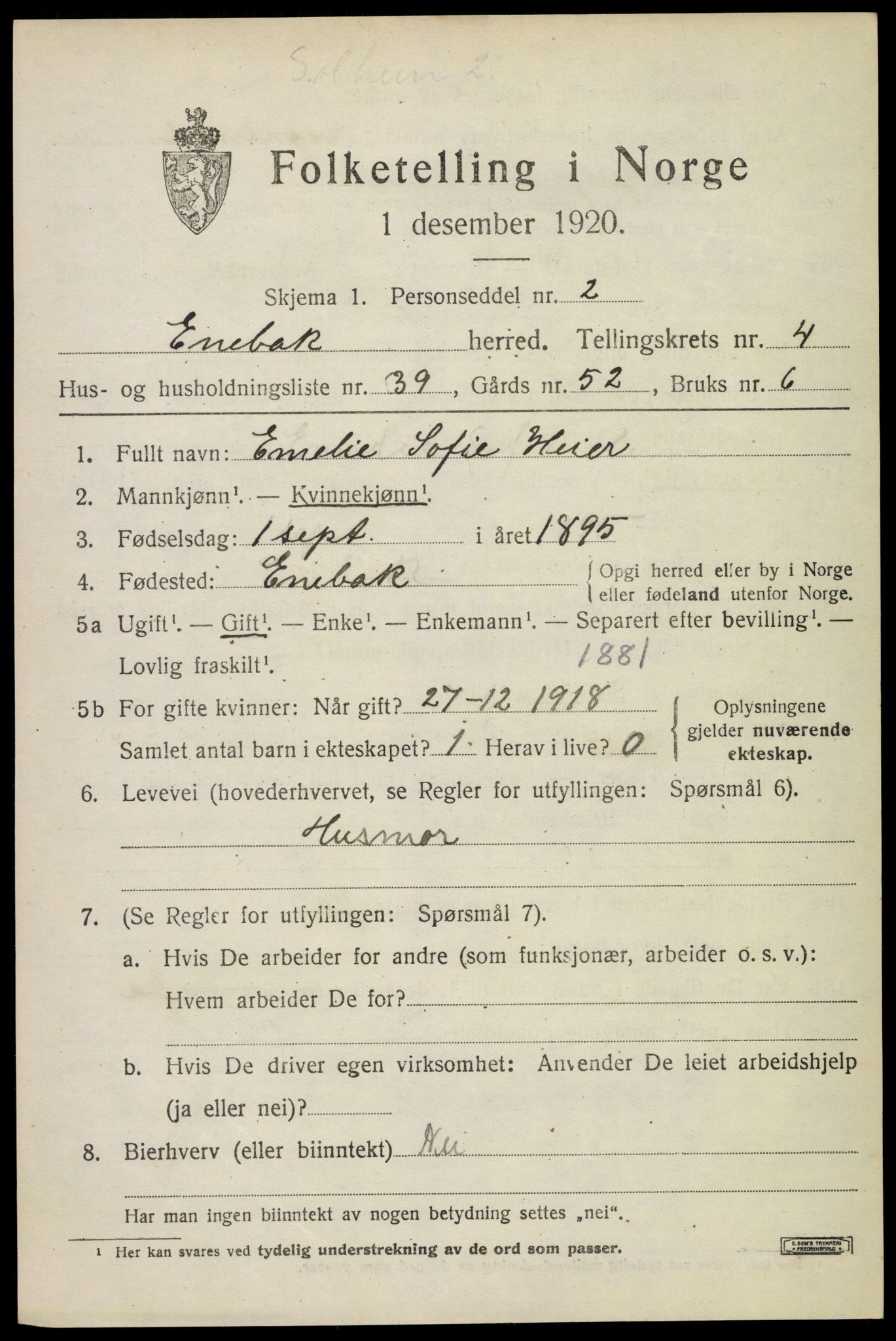 SAO, 1920 census for Enebakk, 1920, p. 3883