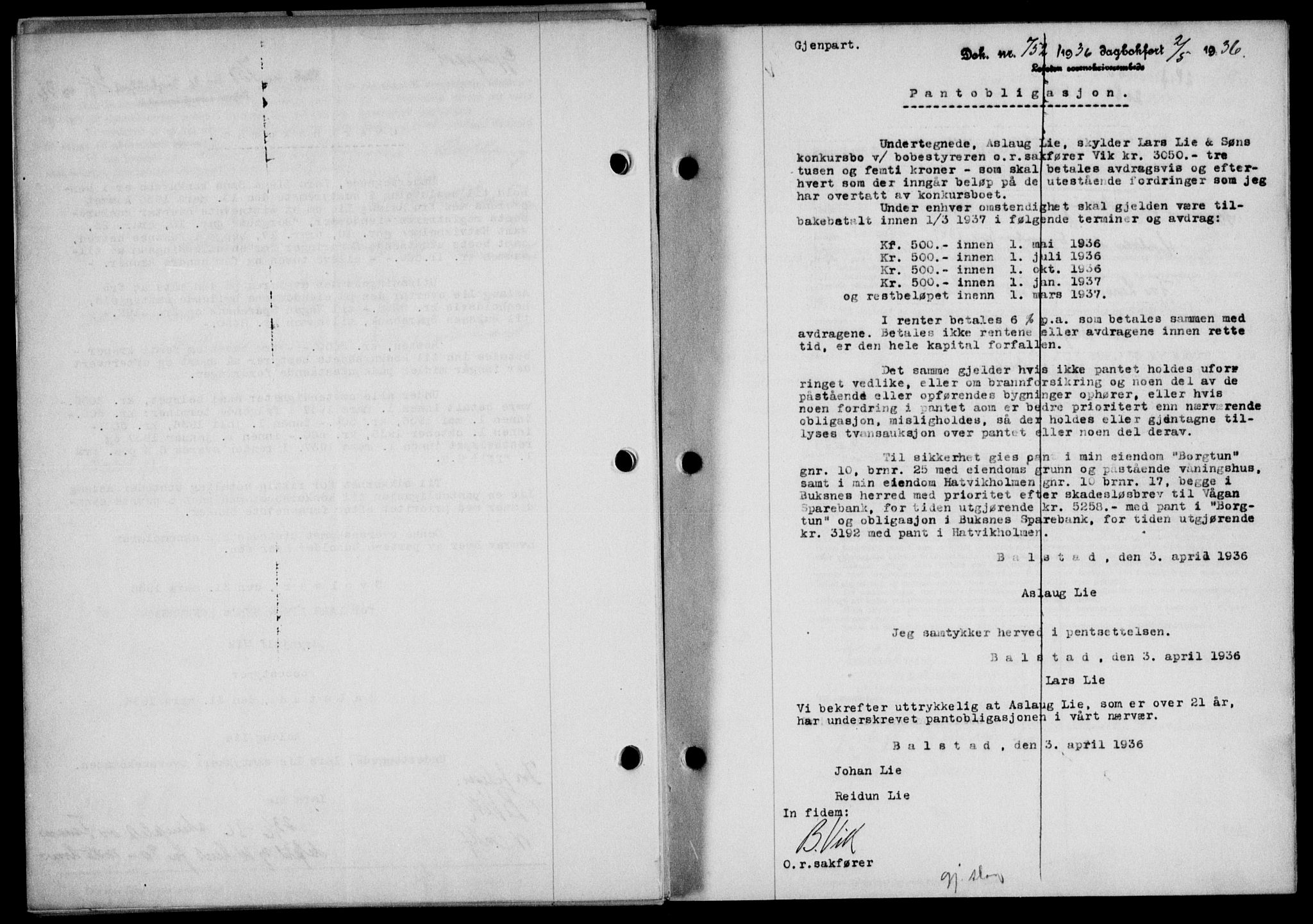 Lofoten sorenskriveri, SAT/A-0017/1/2/2C/L0033b: Mortgage book no. 33b, 1936-1936, Diary no: : 752/1936