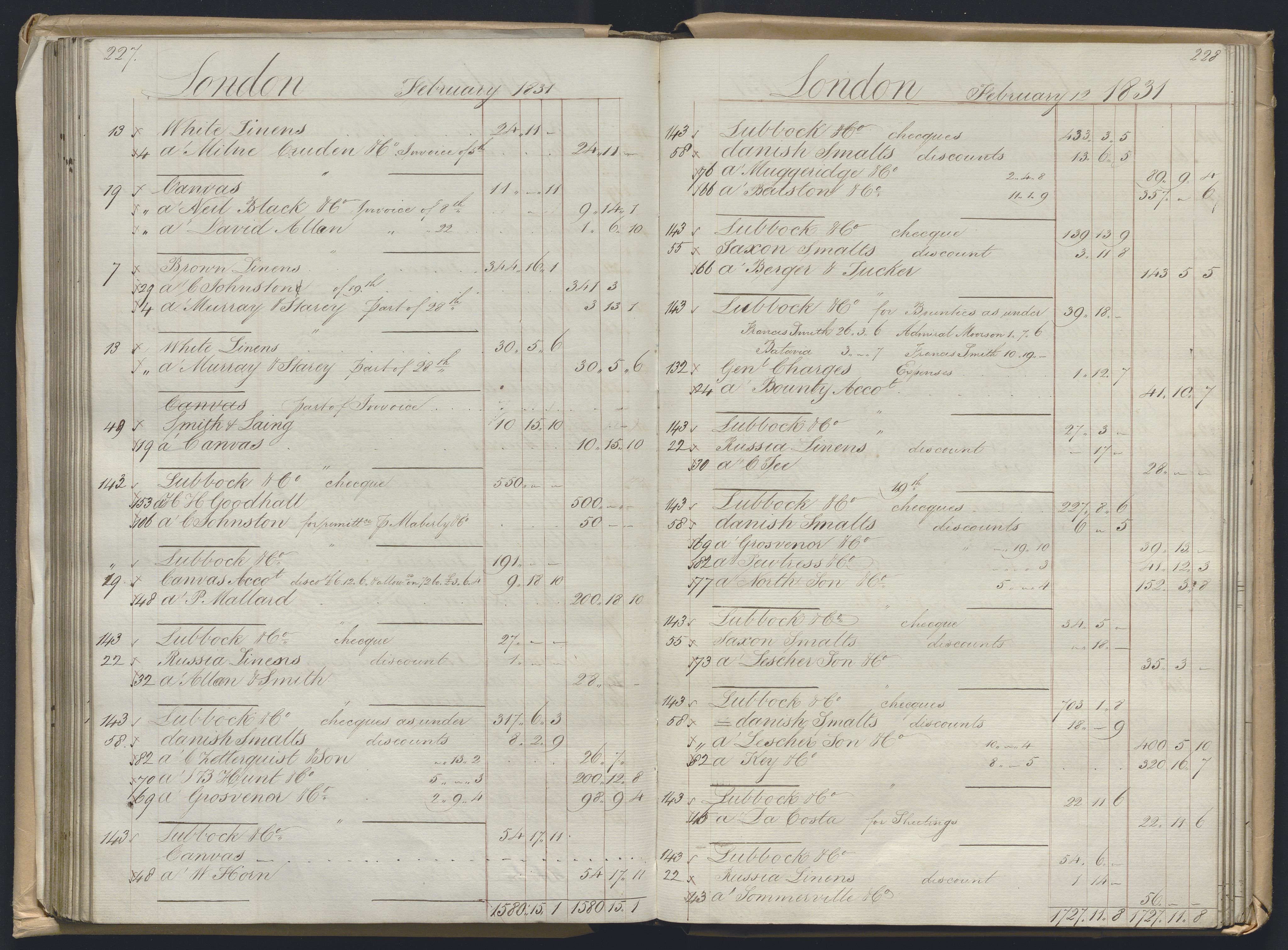 Smith, Goodhall & Reeves, AV/RA-PA-0586/R/L0001: Dagbok (Daybook) A, 1829-1831, p. 227-228