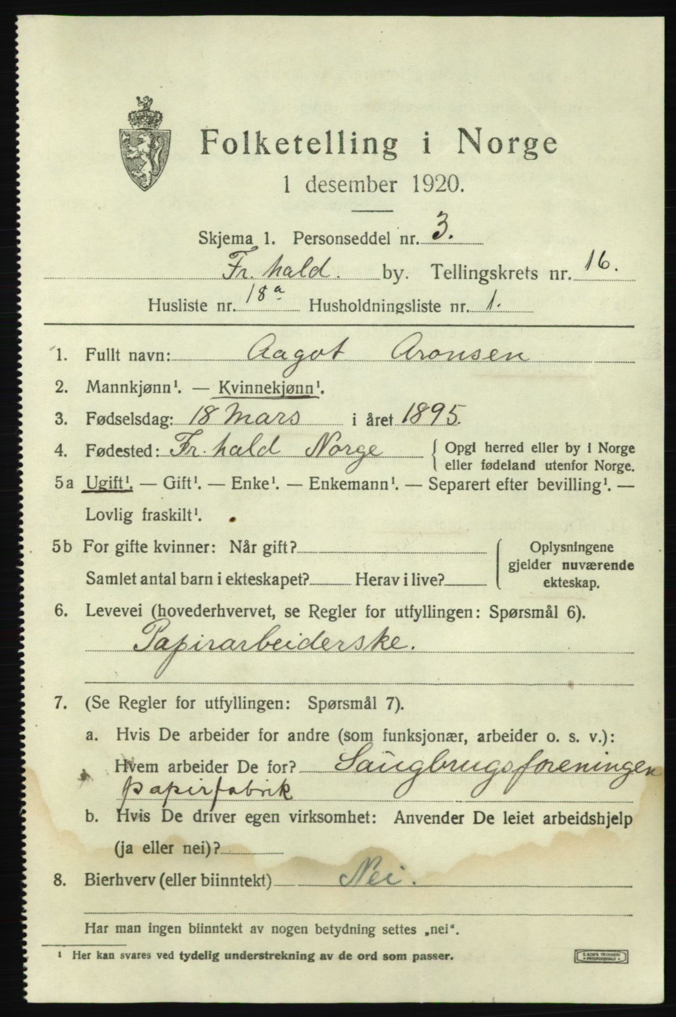 SAO, 1920 census for Fredrikshald, 1920, p. 25381