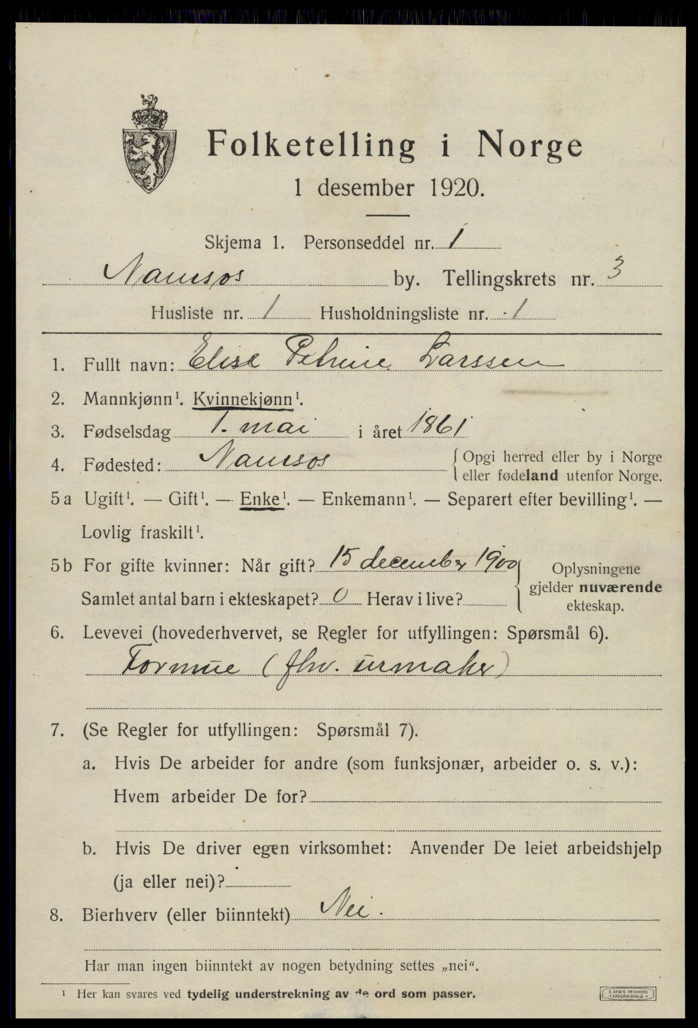 SAT, 1920 census for Namsos, 1920, p. 3751