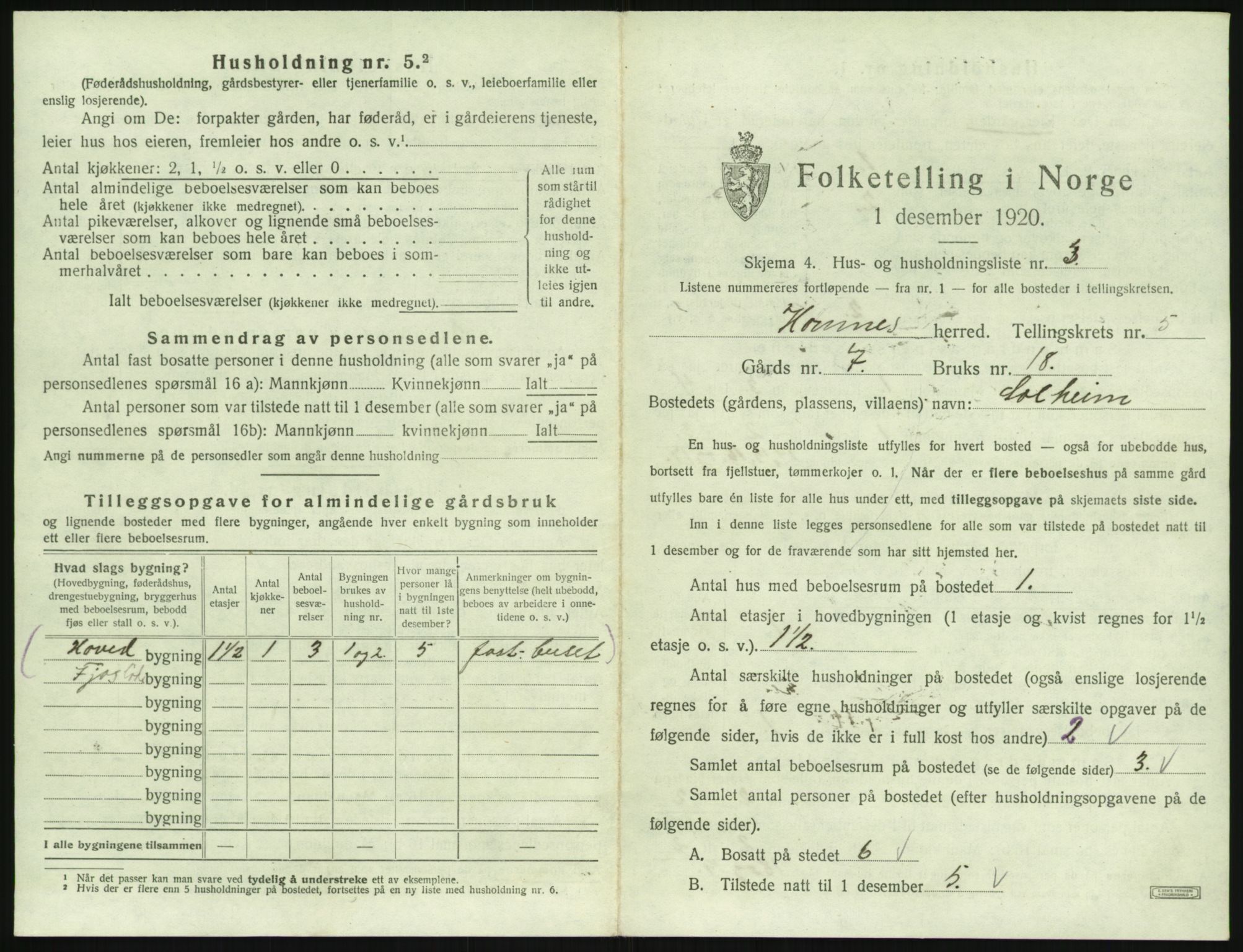 SAK, 1920 census for Hornnes, 1920, p. 209