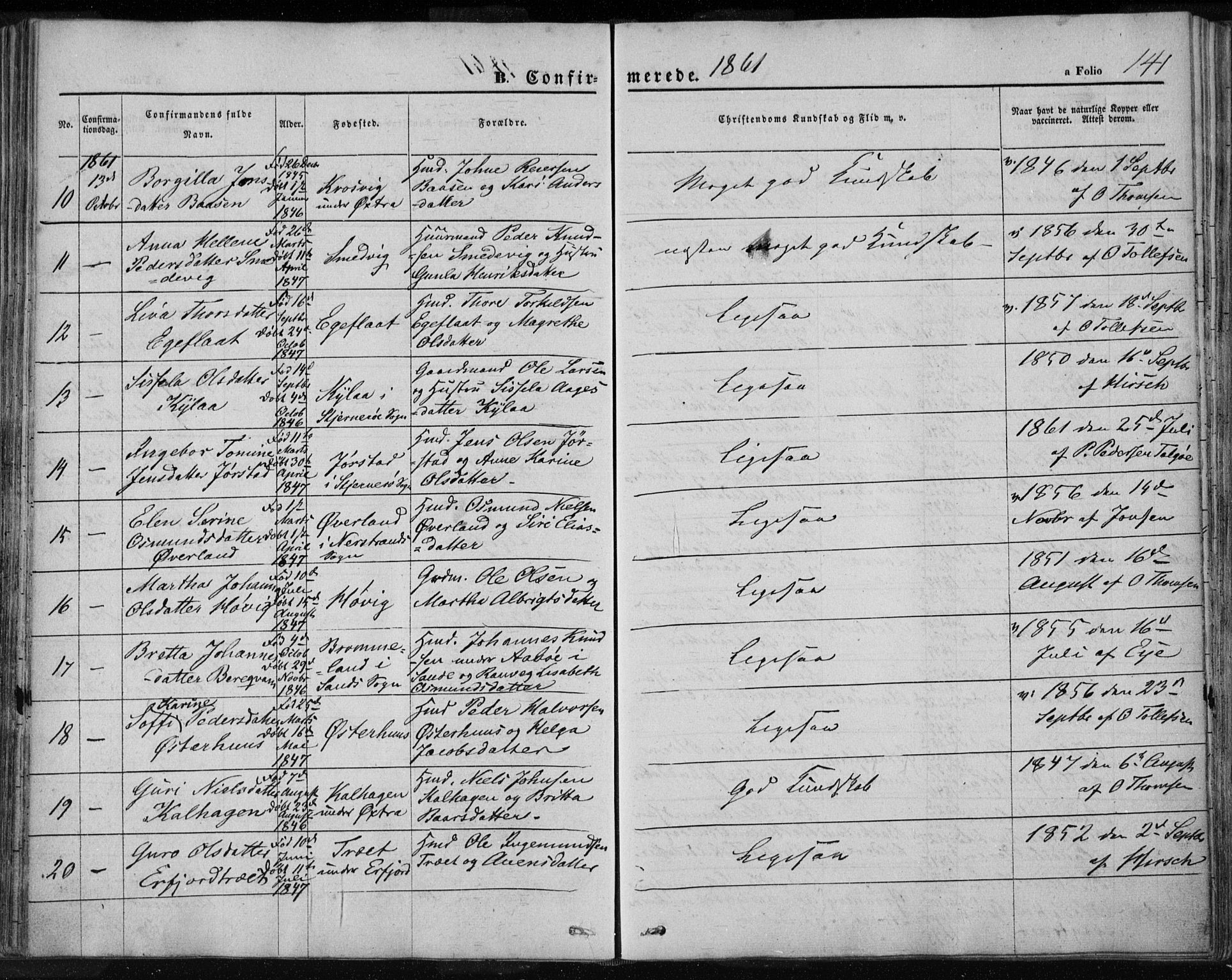 Jelsa sokneprestkontor, AV/SAST-A-101842/01/IV: Parish register (official) no. A 7, 1854-1866, p. 141