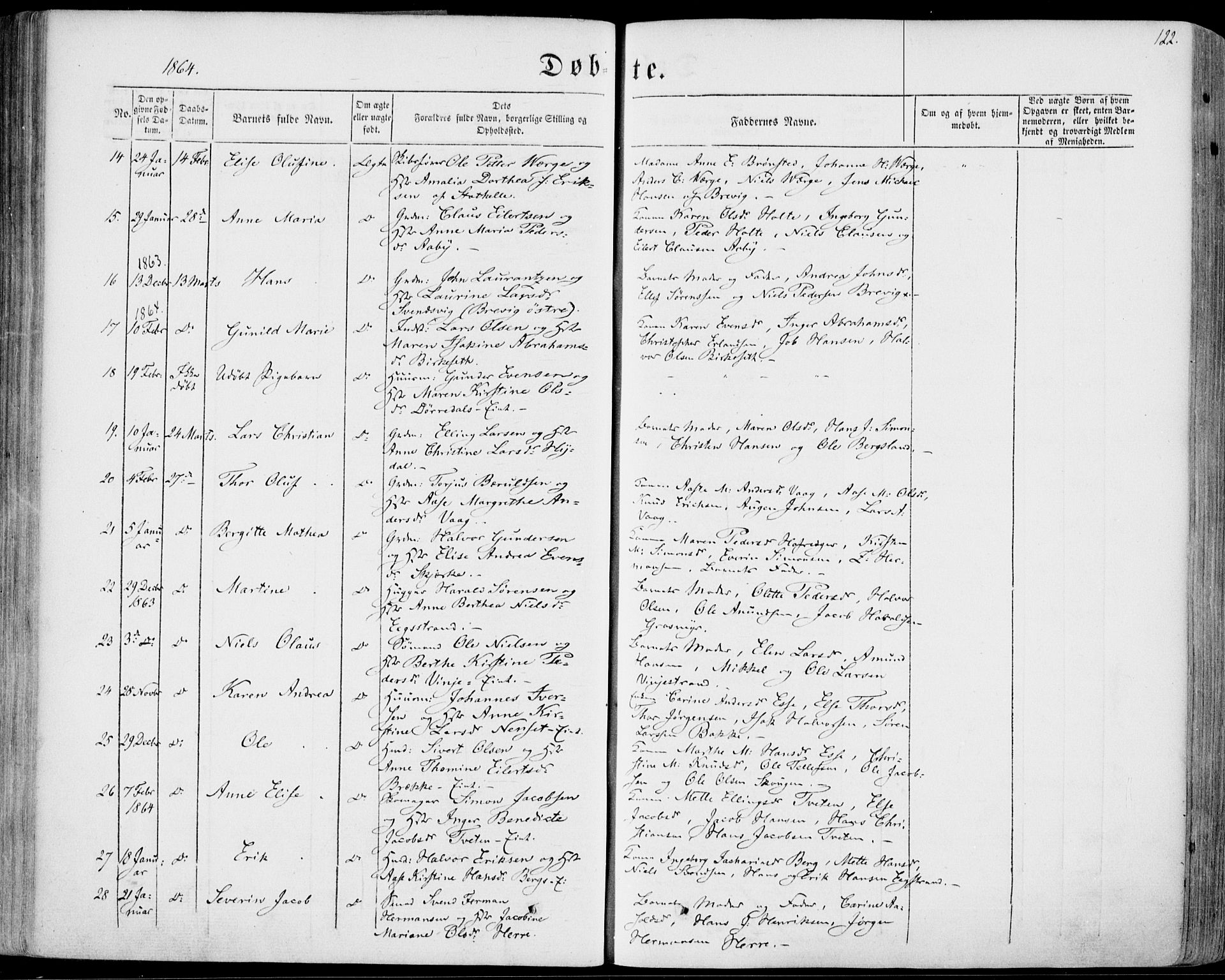 Bamble kirkebøker, AV/SAKO-A-253/F/Fa/L0005: Parish register (official) no. I 5, 1854-1869, p. 122