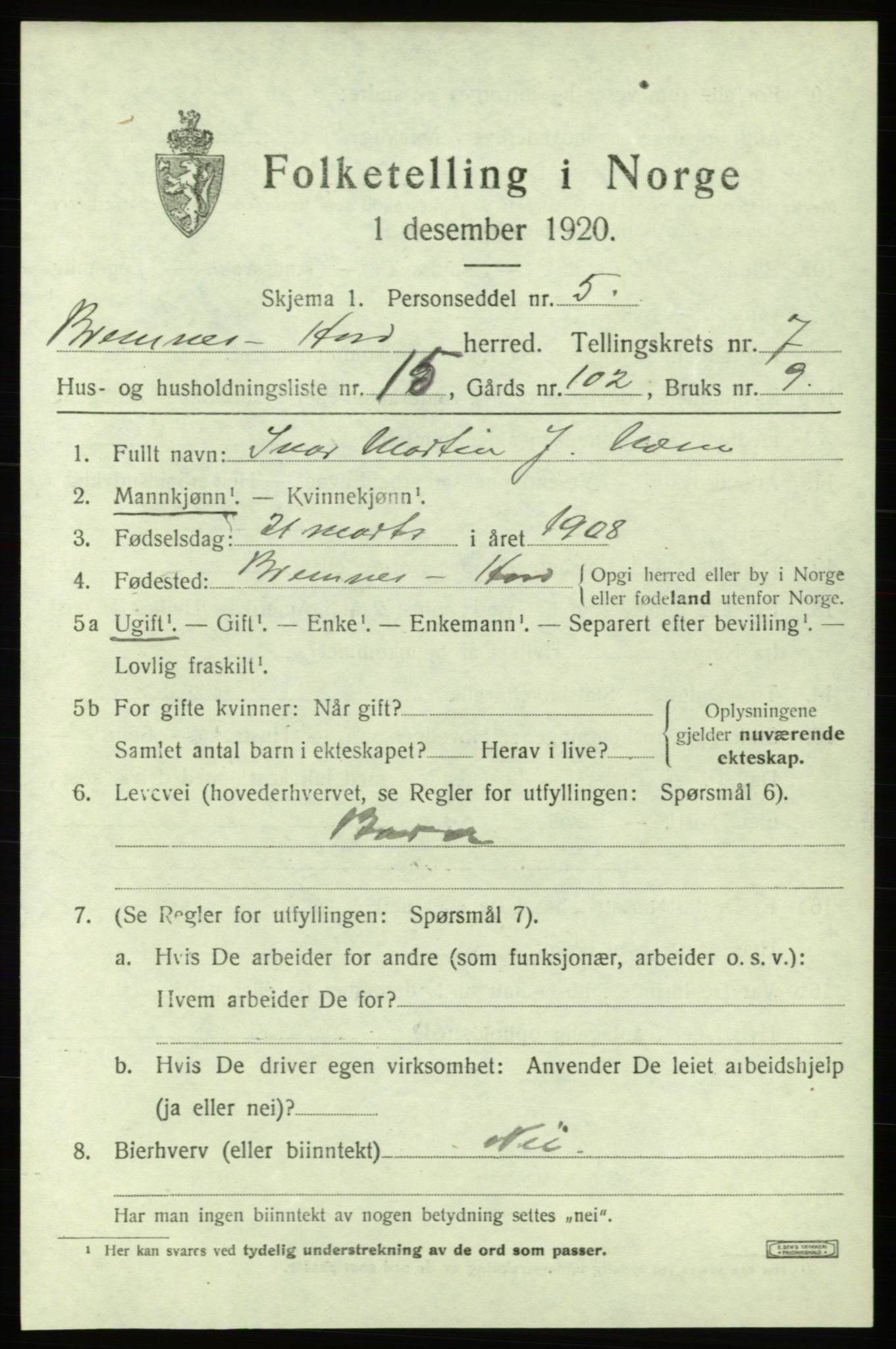 SAB, 1920 census for Bremnes, 1920, p. 4204