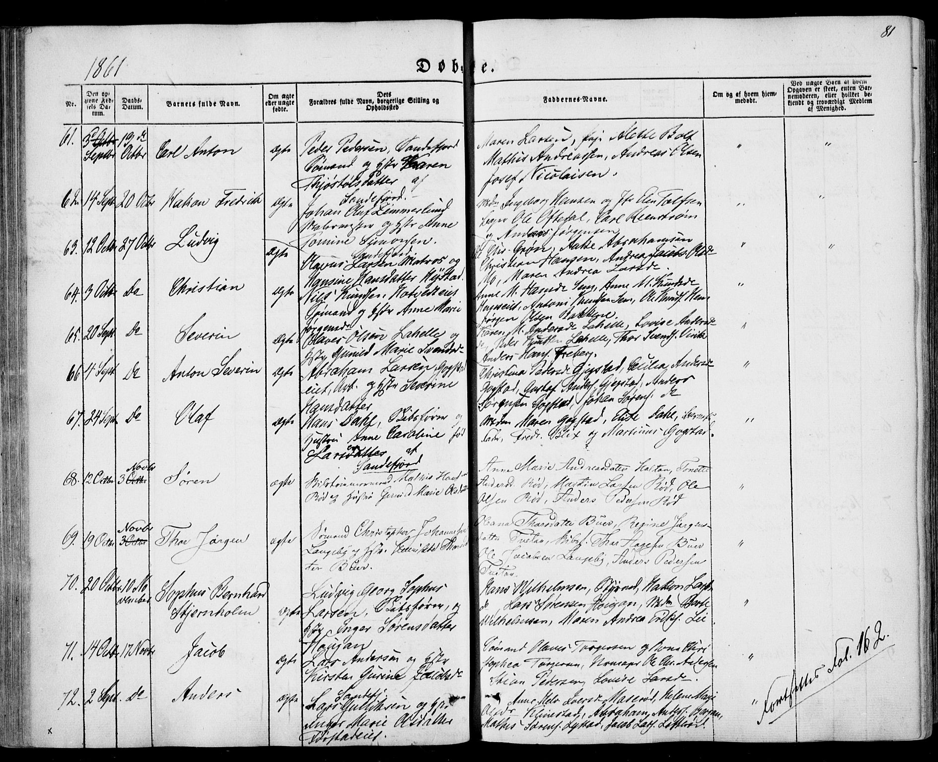 Sandar kirkebøker, SAKO/A-243/F/Fa/L0007: Parish register (official) no. 7, 1855-1861, p. 81