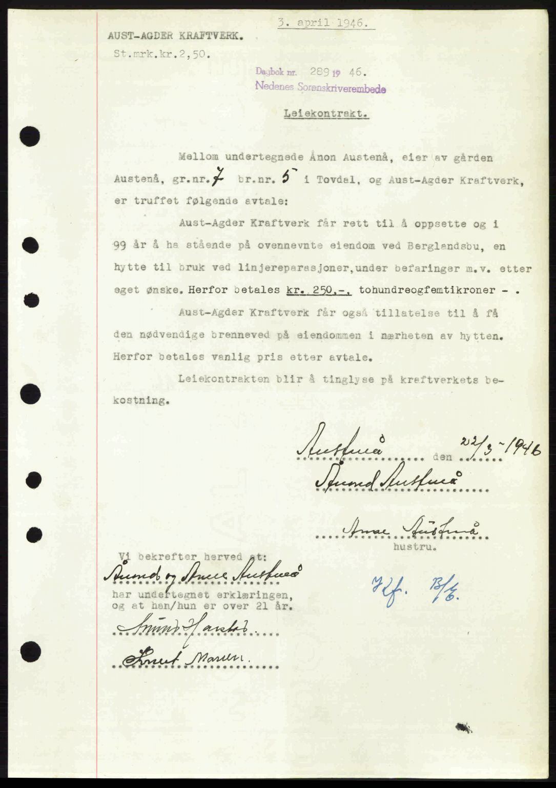 Nedenes sorenskriveri, AV/SAK-1221-0006/G/Gb/Gba/L0054: Mortgage book no. A6c, 1946-1946, Diary no: : 289/1946