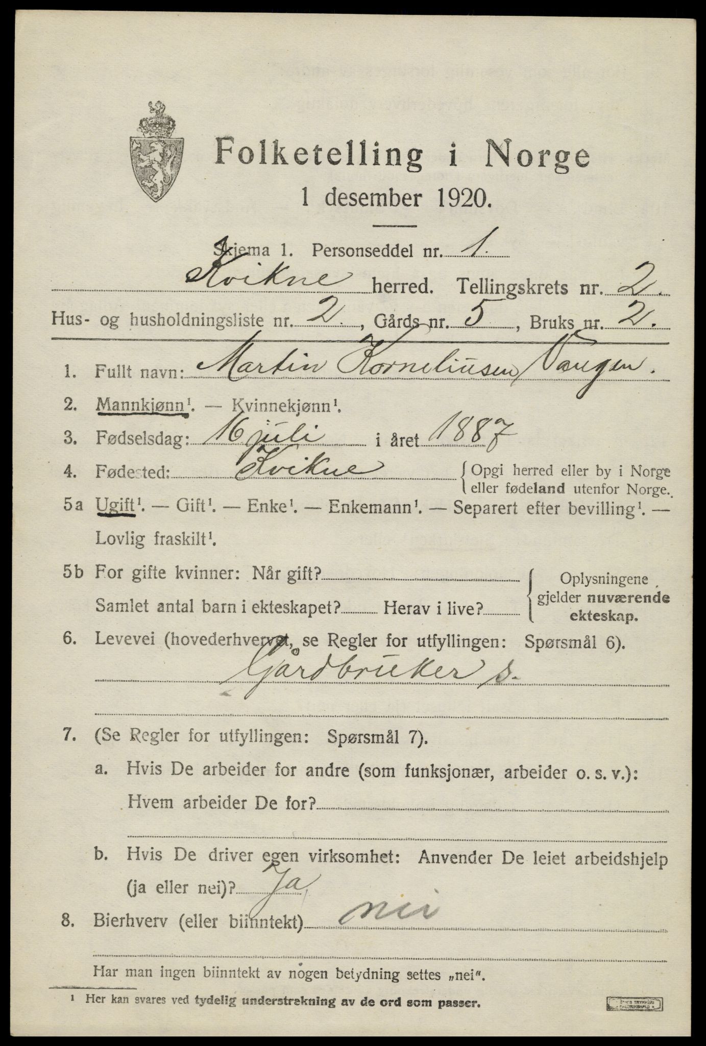 SAH, 1920 census for Kvikne, 1920, p. 982