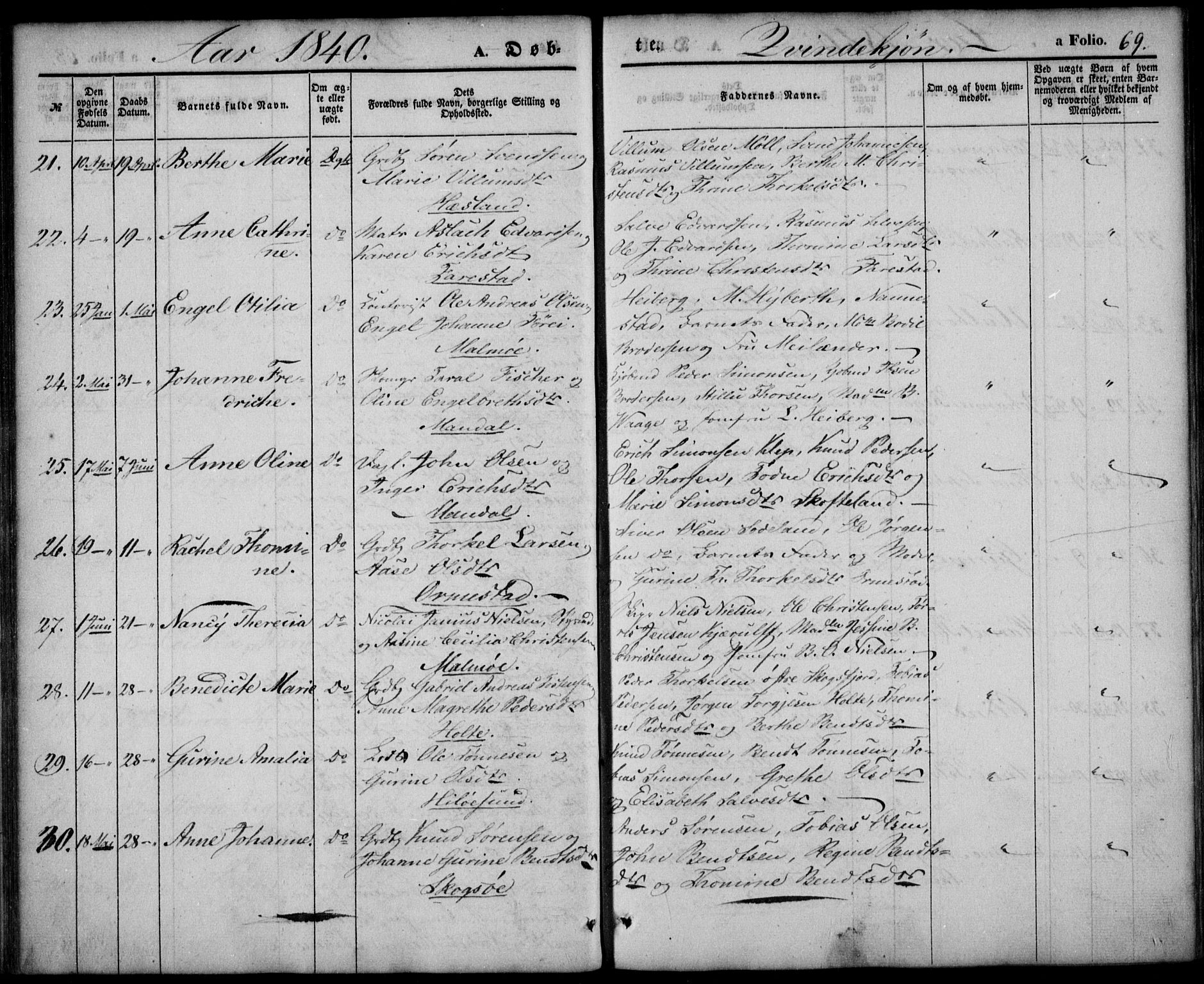 Mandal sokneprestkontor, SAK/1111-0030/F/Fa/Faa/L0012: Parish register (official) no. A 12, 1840-1847, p. 69