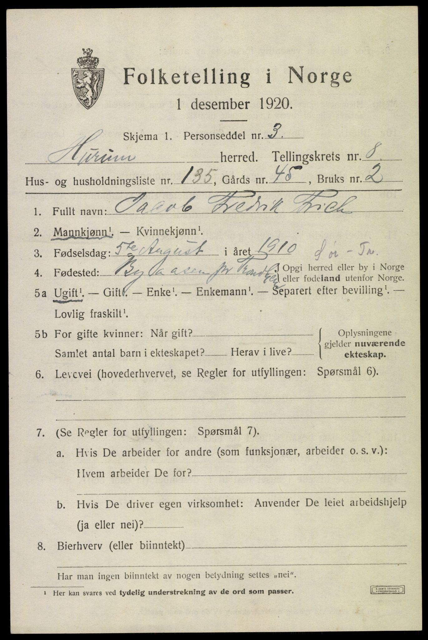 SAKO, 1920 census for Hurum, 1920, p. 11864