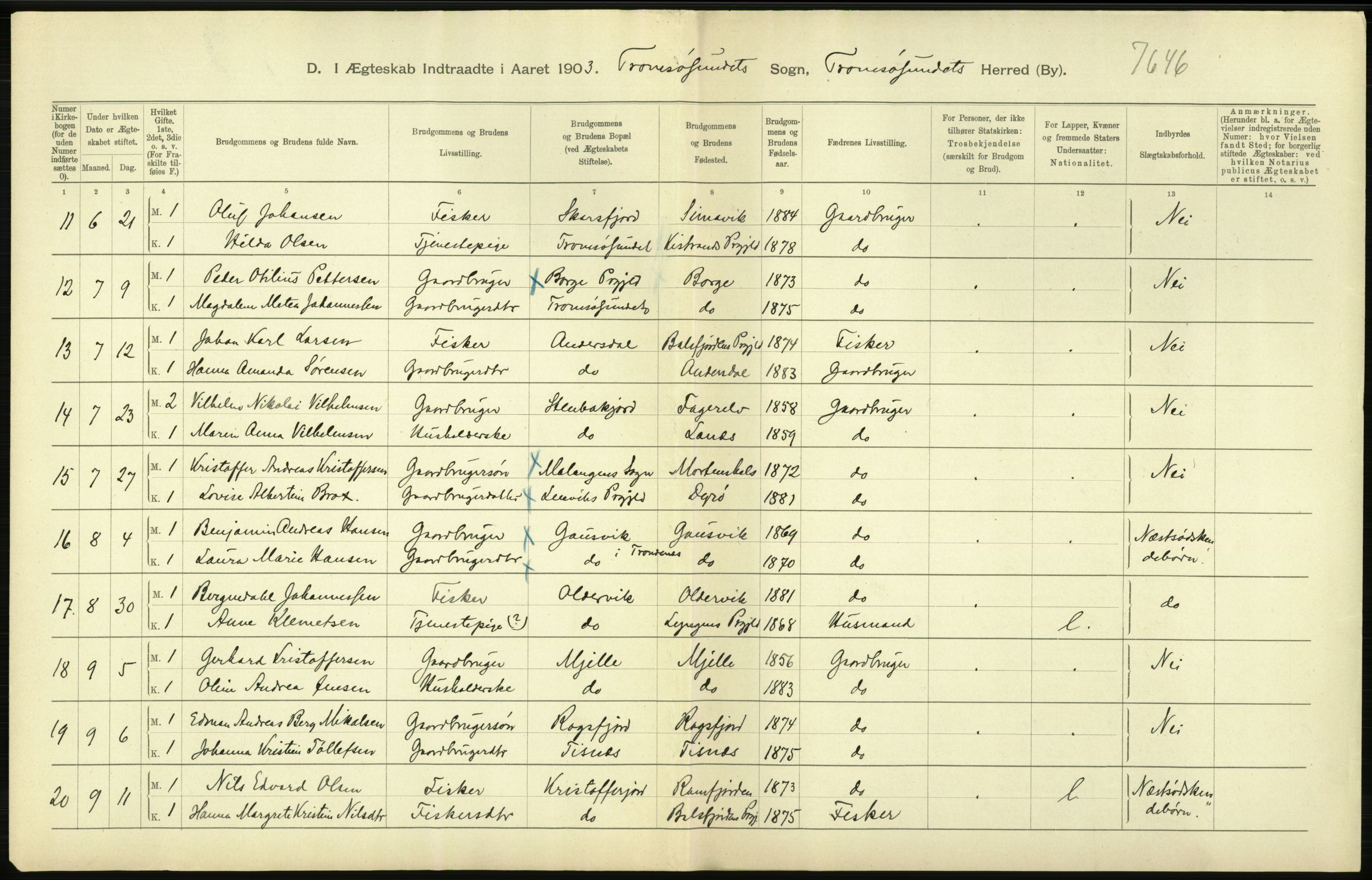 Statistisk sentralbyrå, Sosiodemografiske emner, Befolkning, AV/RA-S-2228/D/Df/Dfa/Dfaa/L0021: Tromsø amt: Fødte, gifte, døde., 1903, p. 308