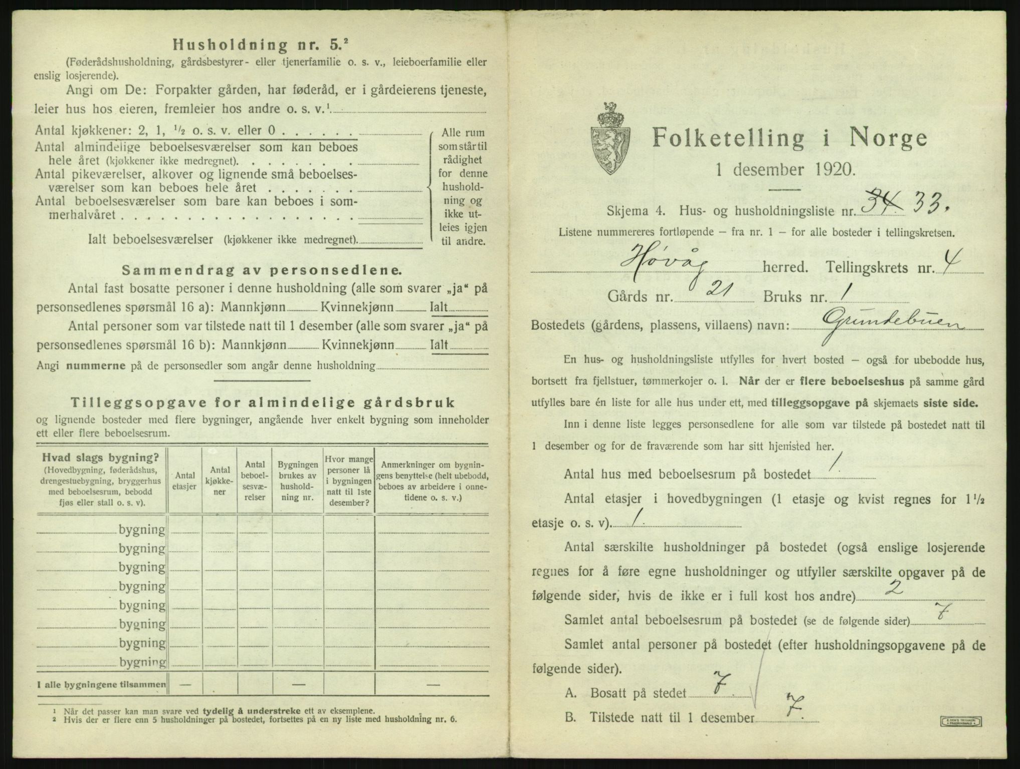 SAK, 1920 census for Høvåg, 1920, p. 382