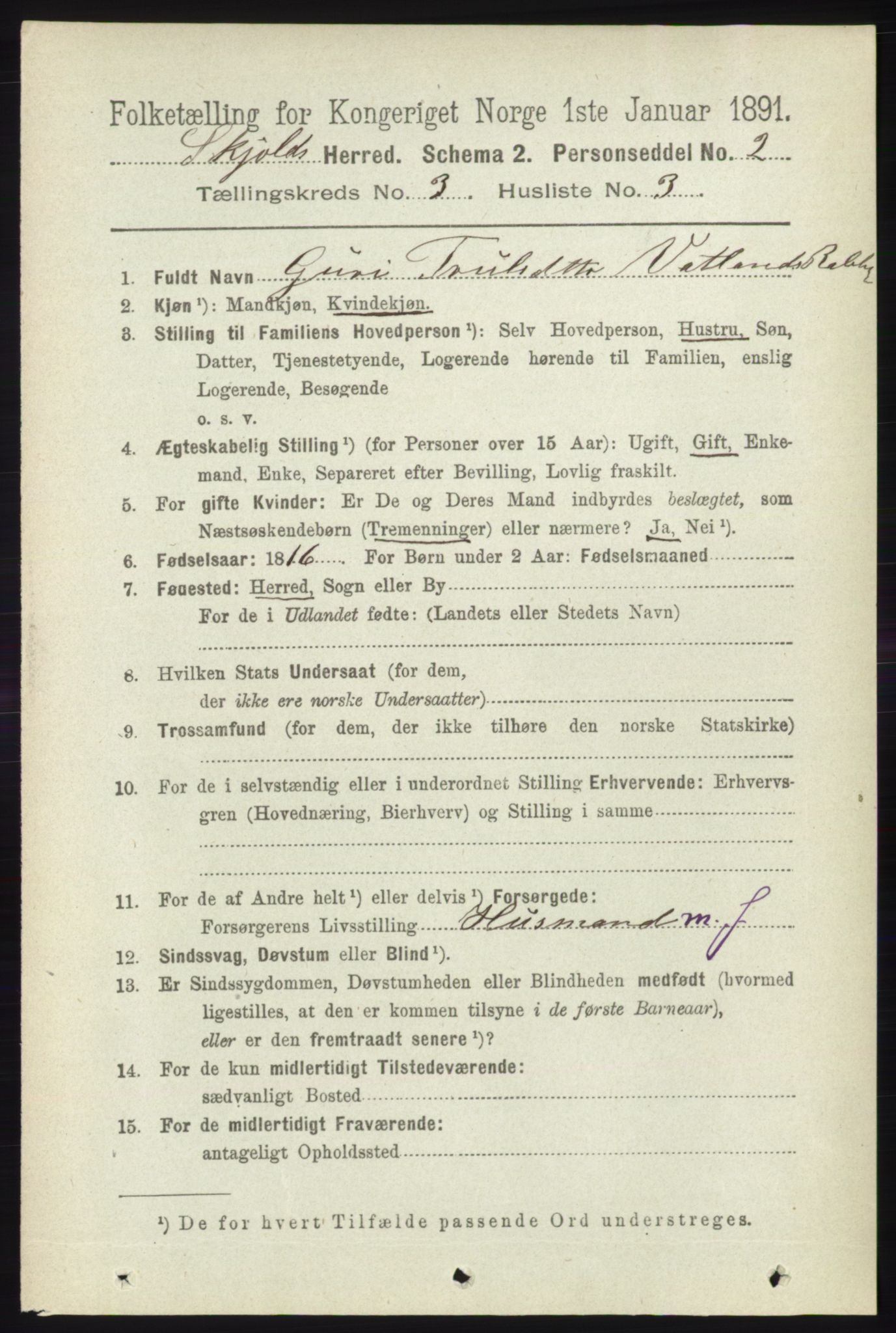 RA, 1891 census for 1154 Skjold, 1891, p. 391