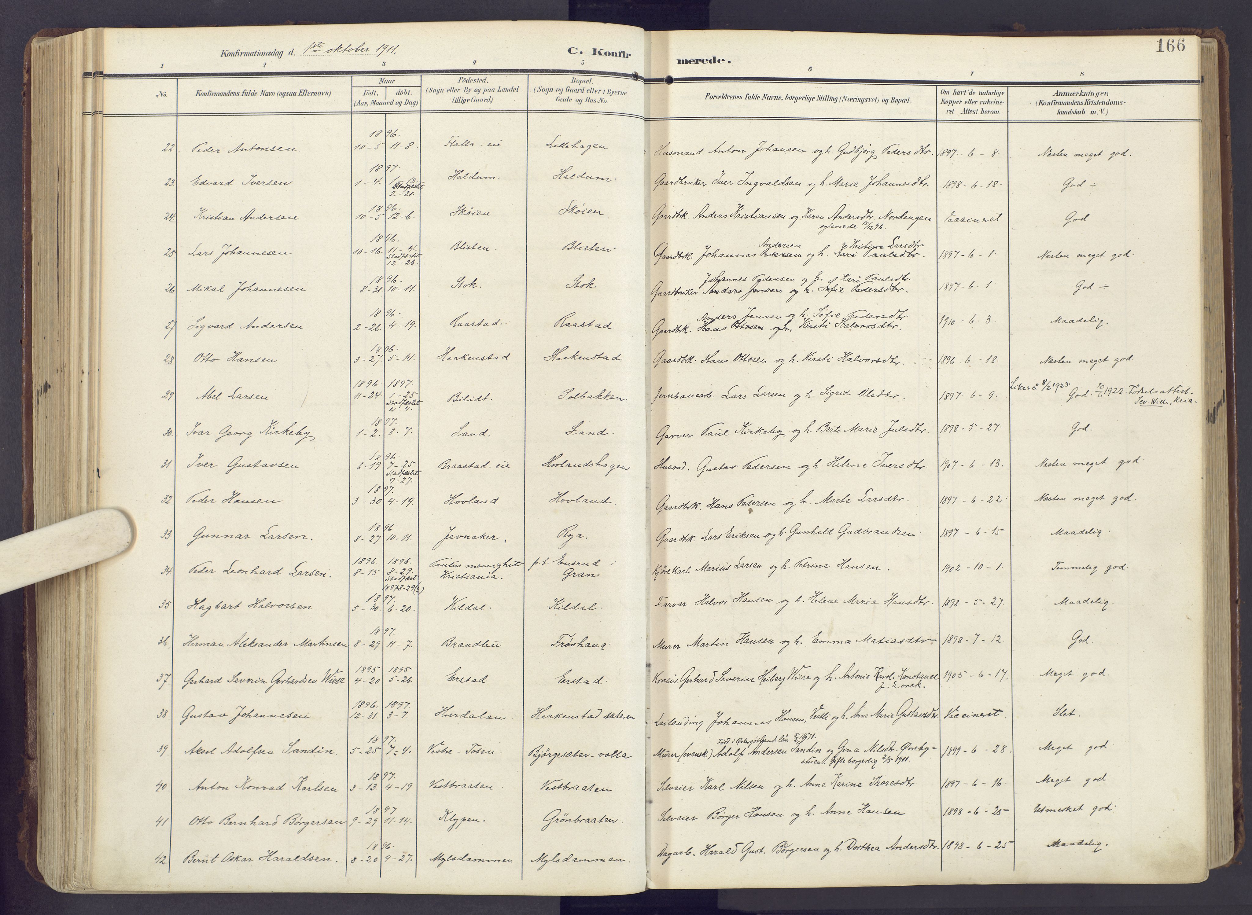 Lunner prestekontor, SAH/PREST-118/H/Ha/Haa/L0001: Parish register (official) no. 1, 1907-1922, p. 166