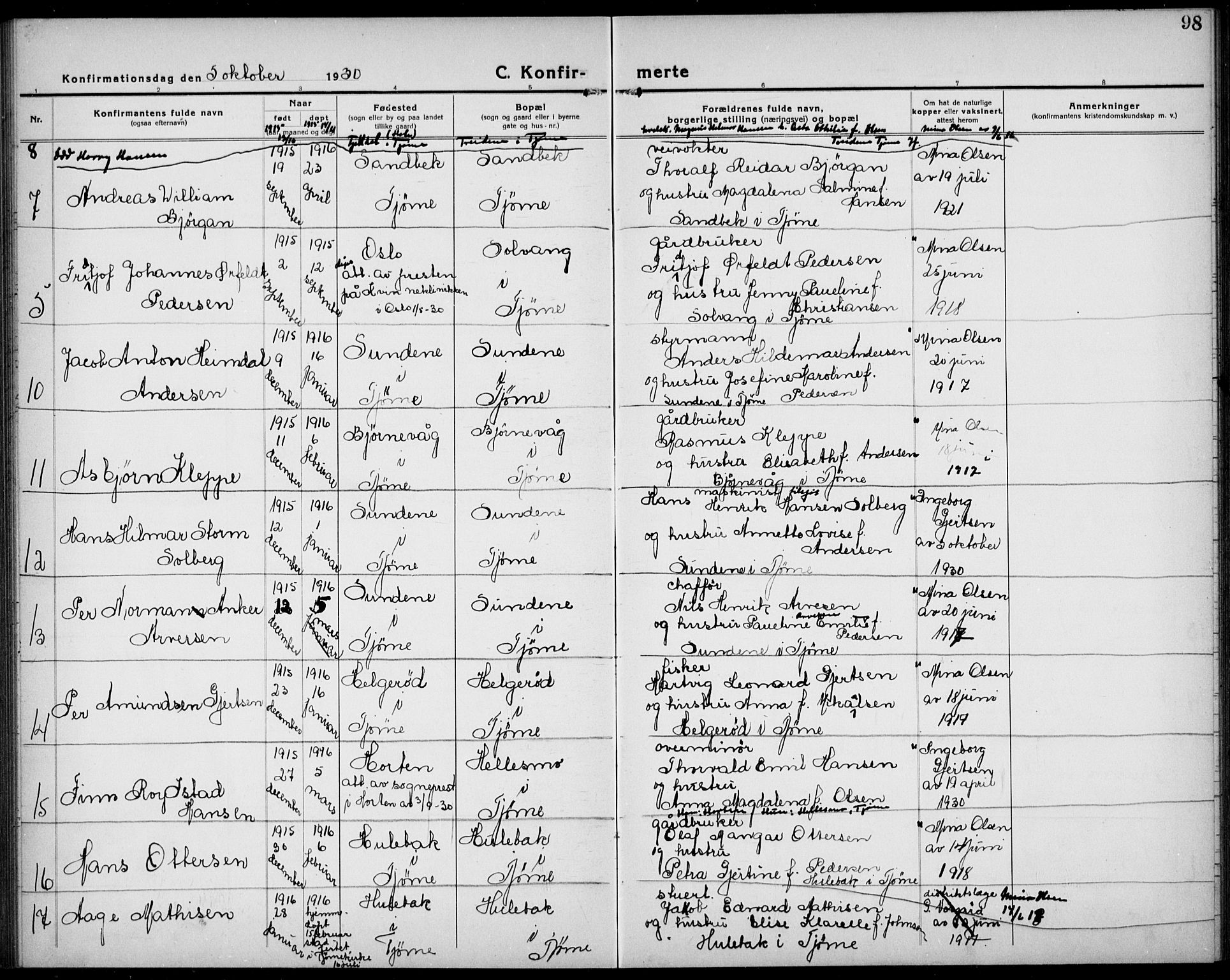 Tjøme kirkebøker, AV/SAKO-A-328/G/Ga/L0003: Parish register (copy) no. I 3, 1921-1935, p. 98