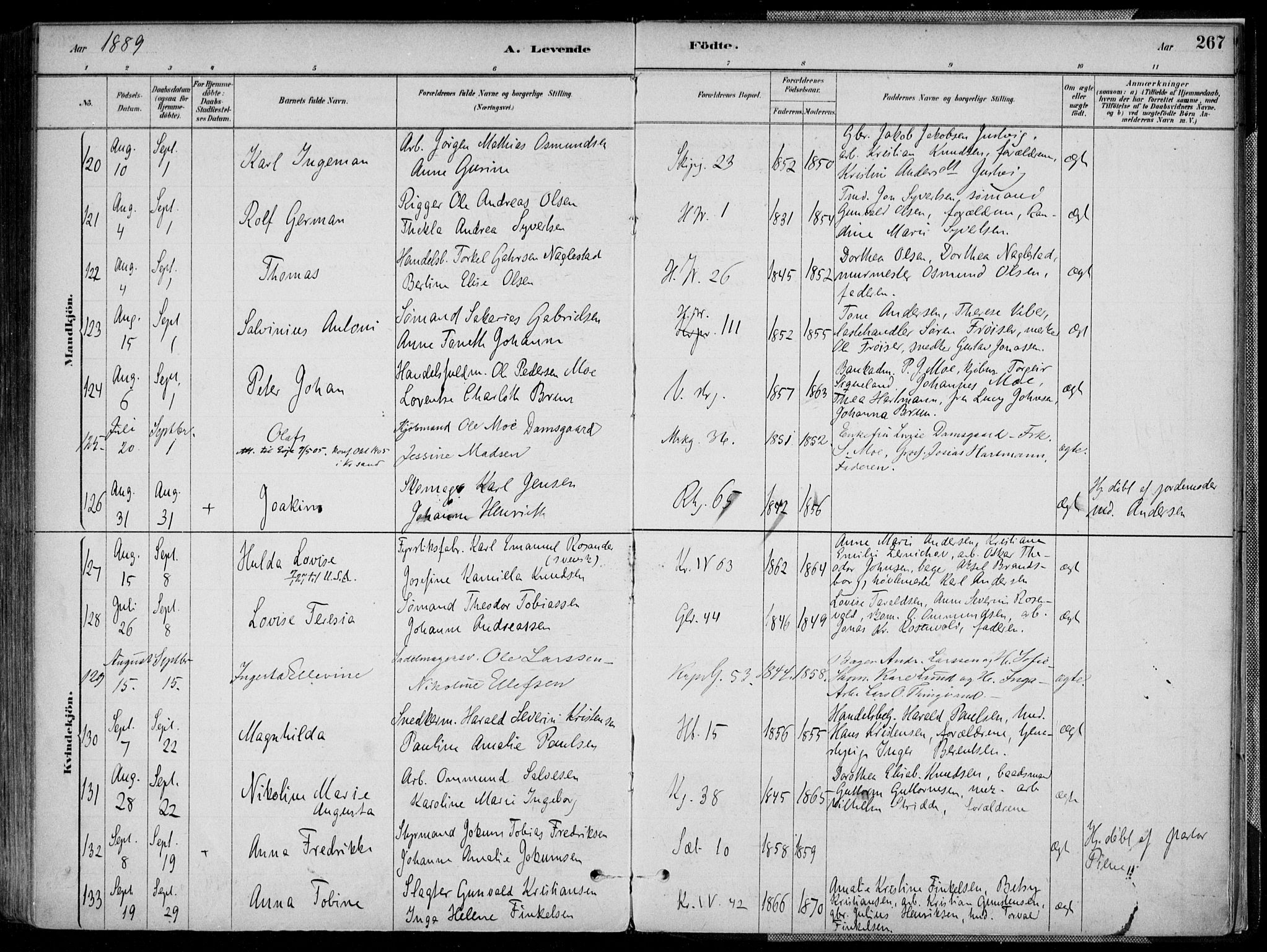 Kristiansand domprosti, SAK/1112-0006/F/Fa/L0016: Parish register (official) no. A 16A, 1880-1890, p. 267