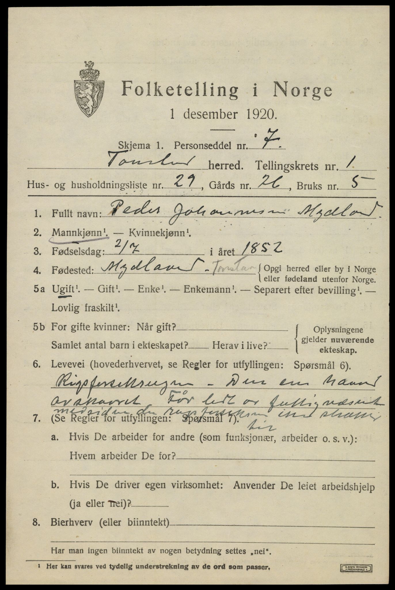 SAK, 1920 census for Tonstad, 1920, p. 720