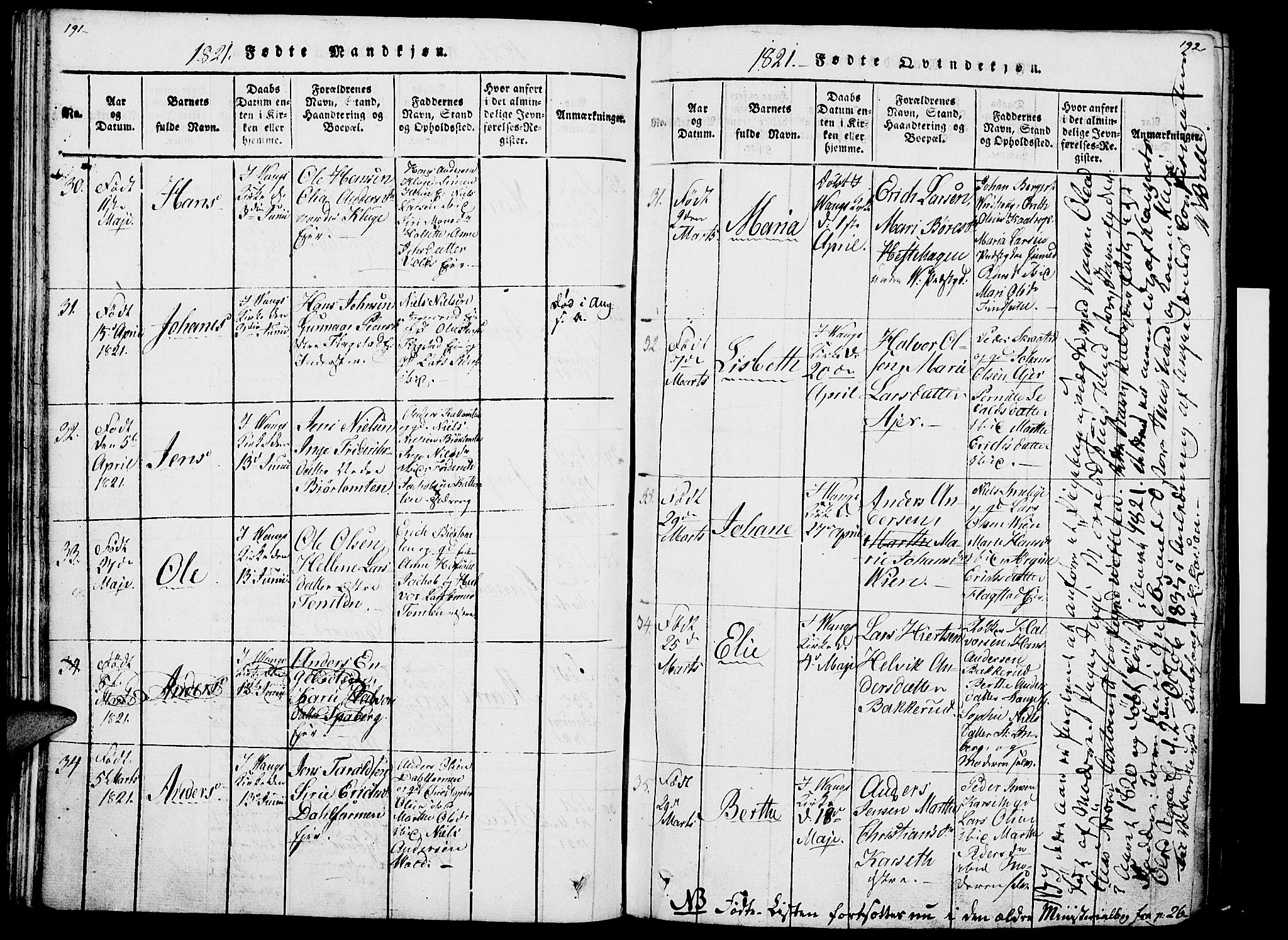 Vang prestekontor, Hedmark, SAH/PREST-008/H/Ha/Haa/L0007: Parish register (official) no. 7, 1813-1826, p. 191-192