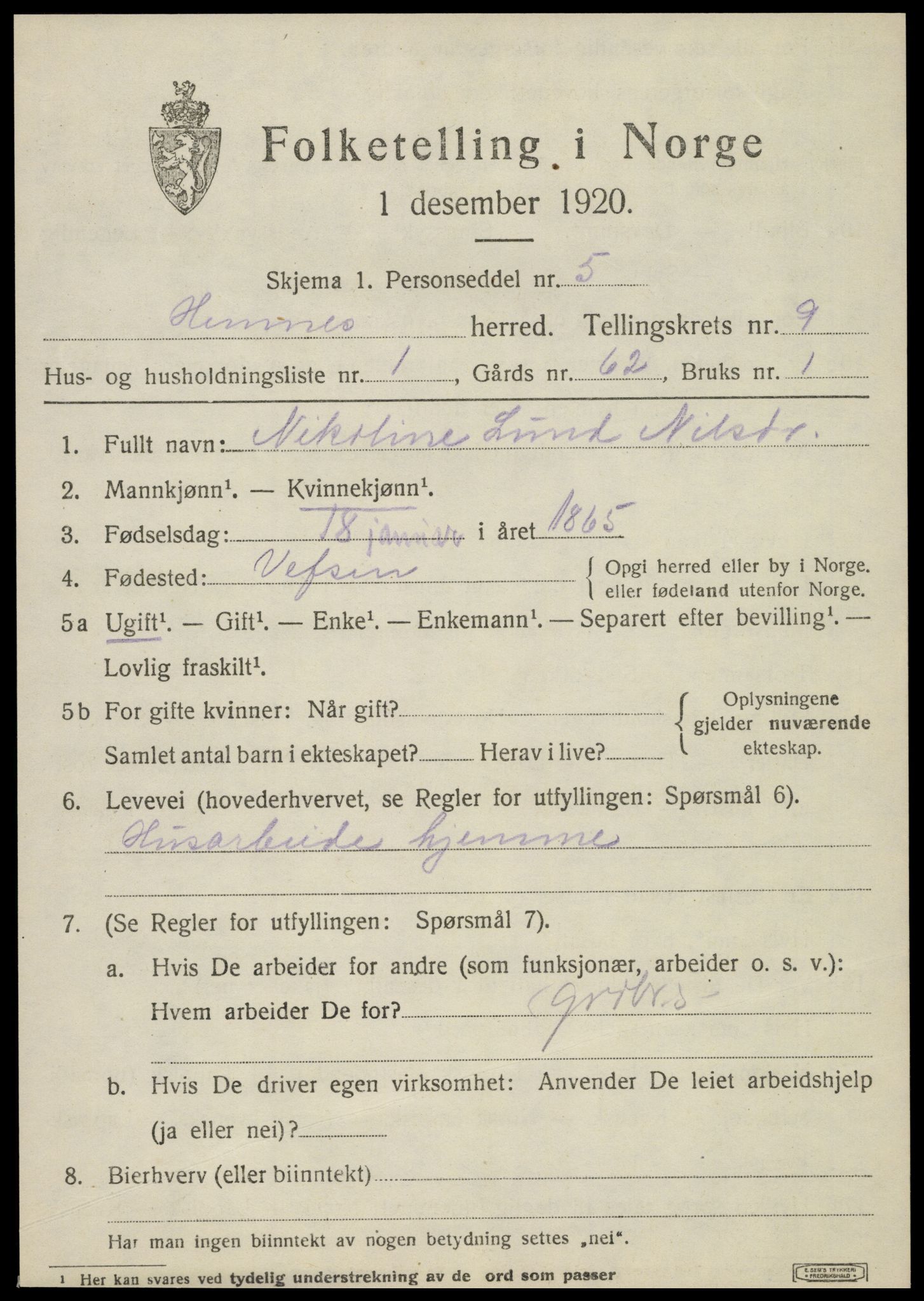 SAT, 1920 census for Hemnes, 1920, p. 8344