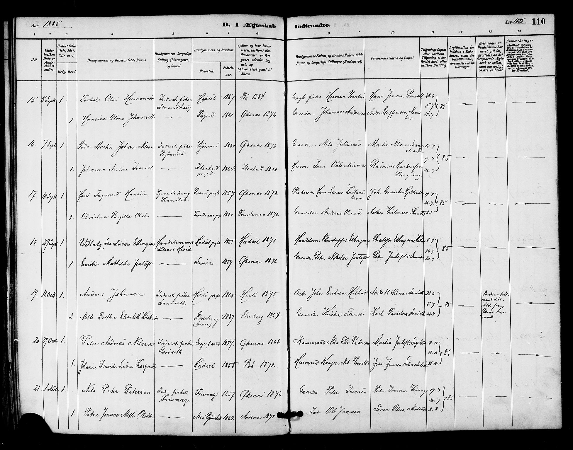 Ministerialprotokoller, klokkerbøker og fødselsregistre - Nordland, AV/SAT-A-1459/893/L1337: Parish register (official) no. 893A09, 1885-1893, p. 110