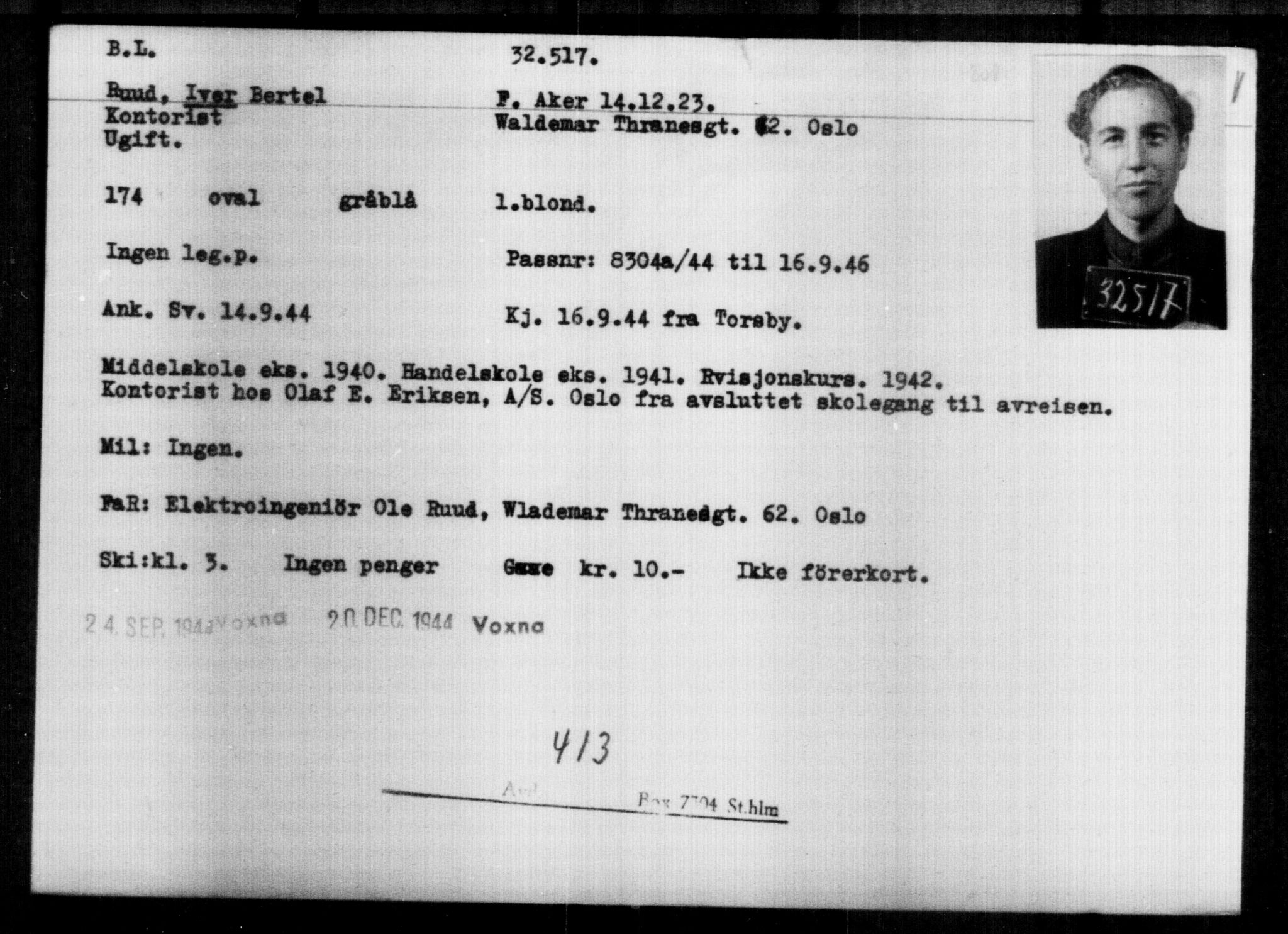 Utenriksstasjonene, Legasjonen i Stockholm, Flyktningkontoret, AV/RA-S-6753/V/Va/L0013: Kjesäterkartoteket, flyktninger med registreringsnr. 31500-34731, 1940-1945, p. 1073