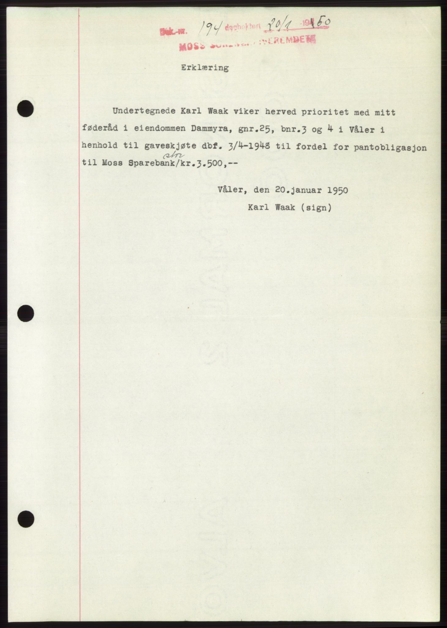 Moss sorenskriveri, SAO/A-10168: Mortgage book no. B23, 1949-1950, Diary no: : 194/1950