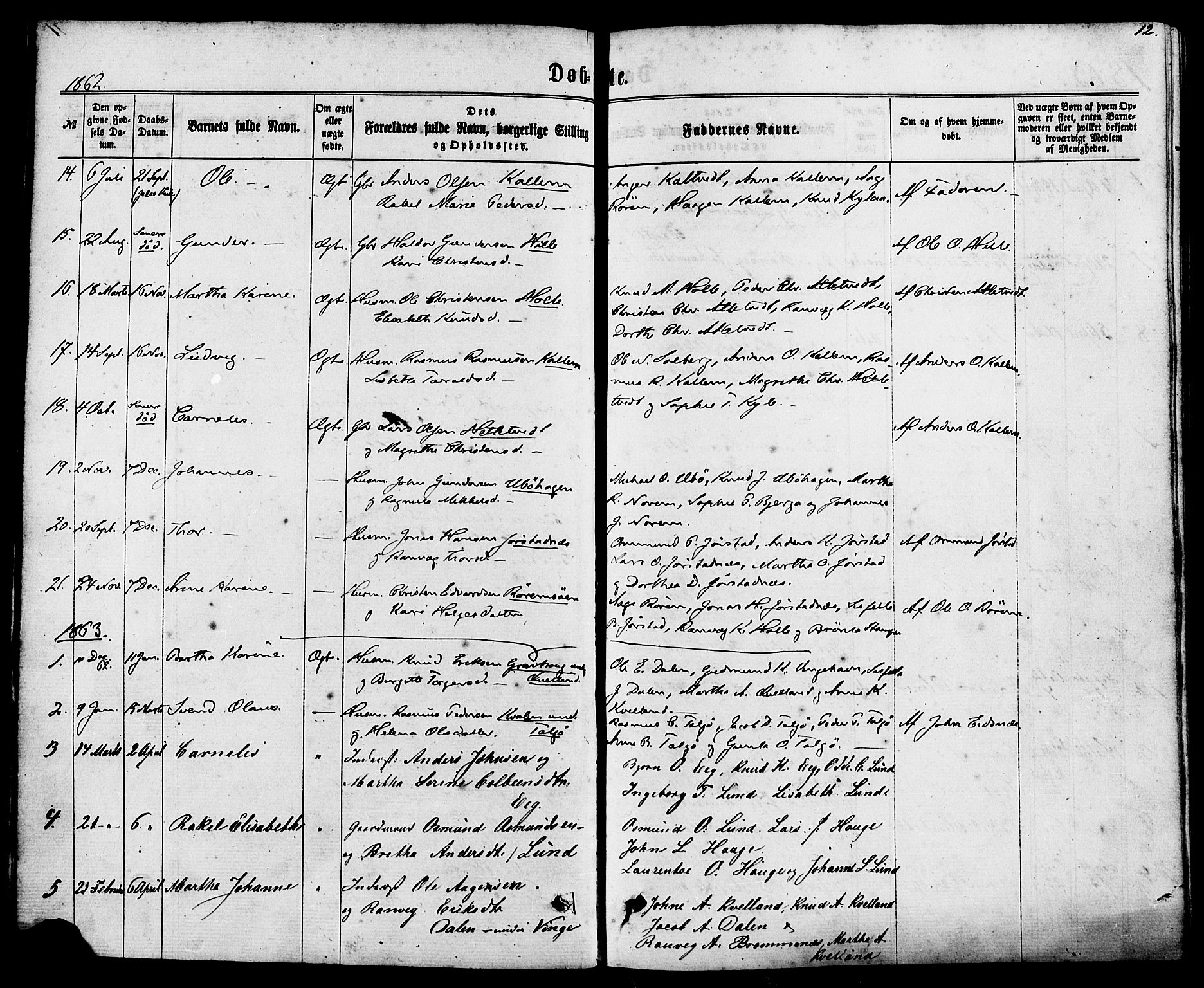 Nedstrand sokneprestkontor, AV/SAST-A-101841/01/IV: Parish register (official) no. A 10, 1861-1887, p. 12