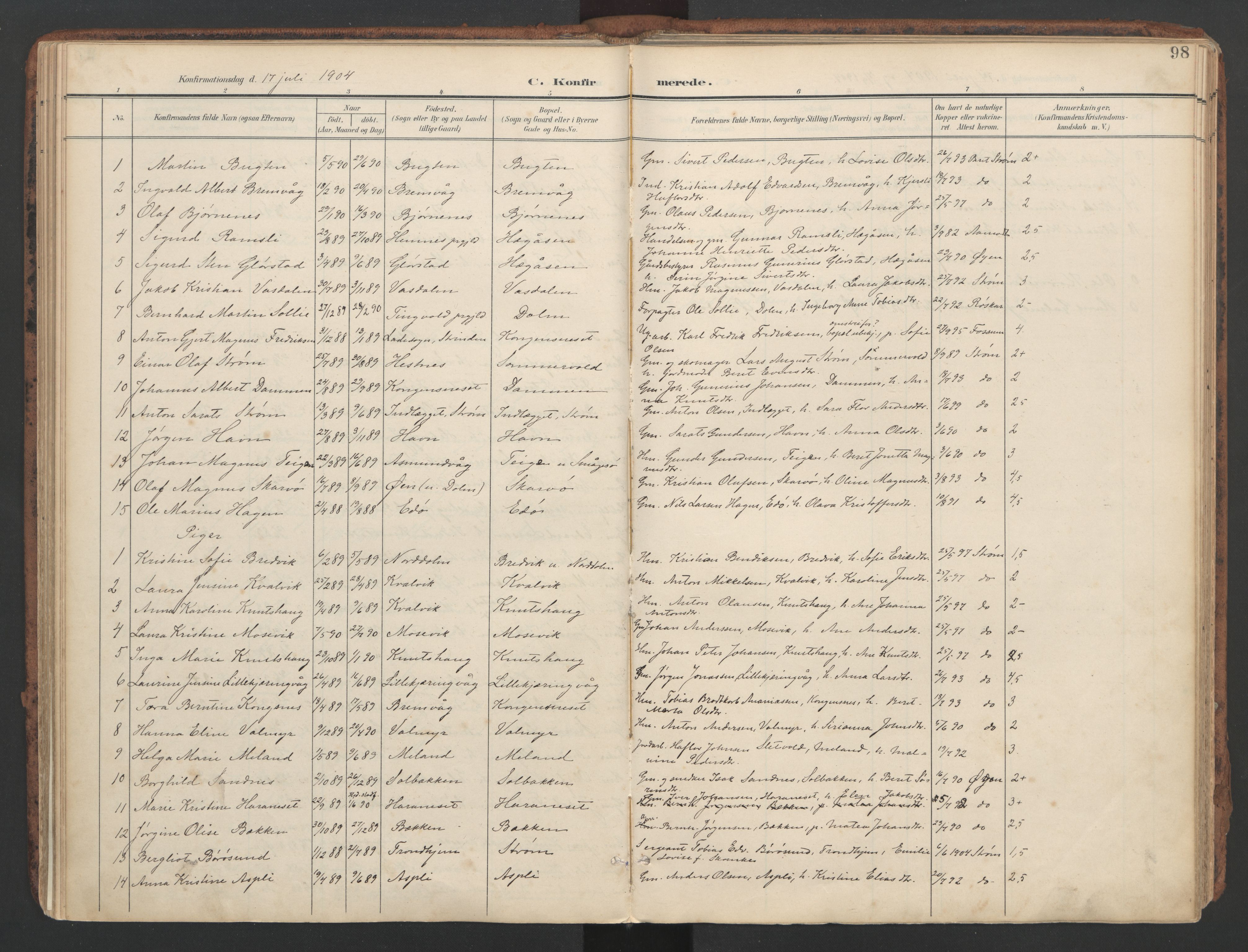 Ministerialprotokoller, klokkerbøker og fødselsregistre - Sør-Trøndelag, SAT/A-1456/634/L0537: Parish register (official) no. 634A13, 1896-1922, p. 98