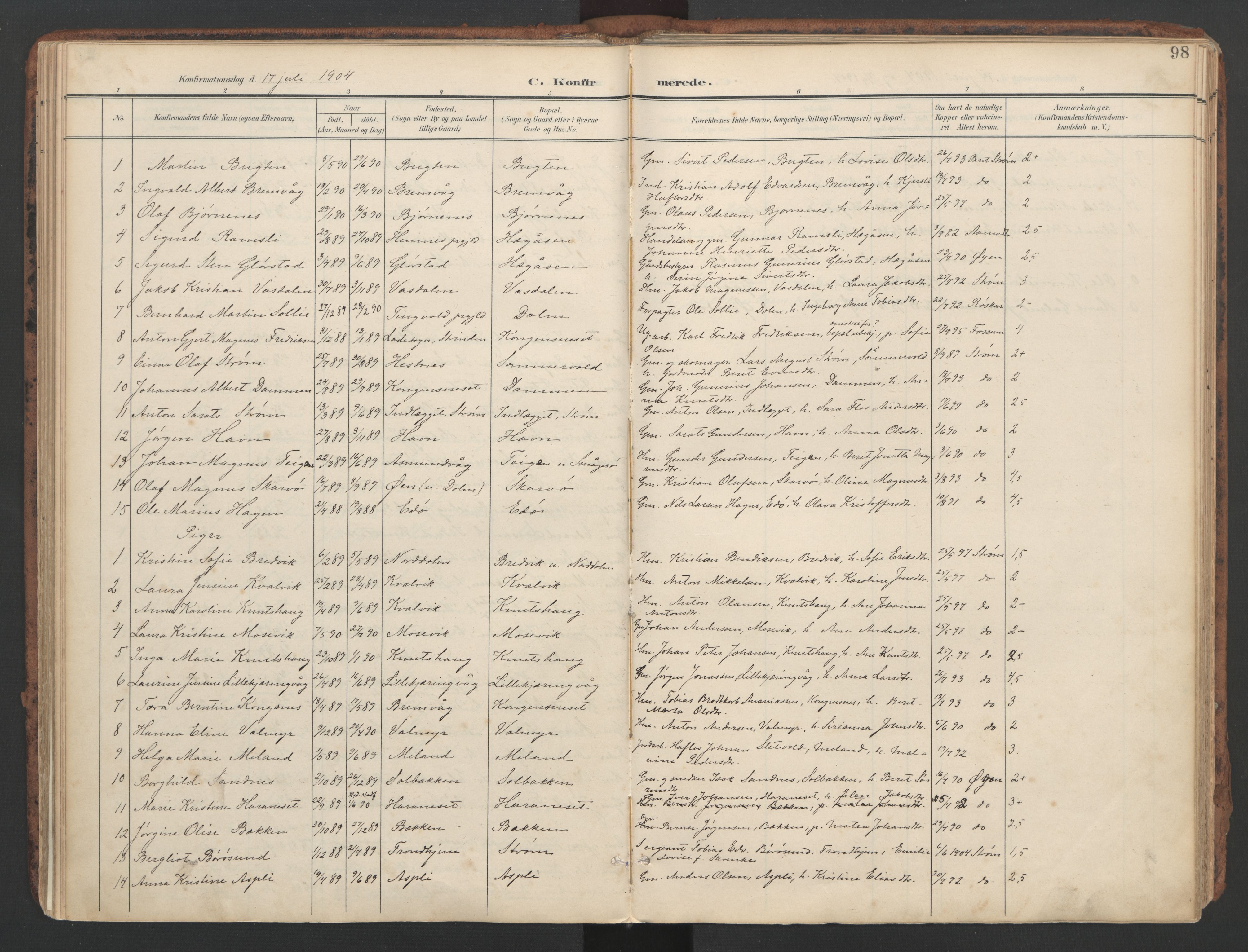 Ministerialprotokoller, klokkerbøker og fødselsregistre - Sør-Trøndelag, AV/SAT-A-1456/634/L0537: Parish register (official) no. 634A13, 1896-1922, p. 98
