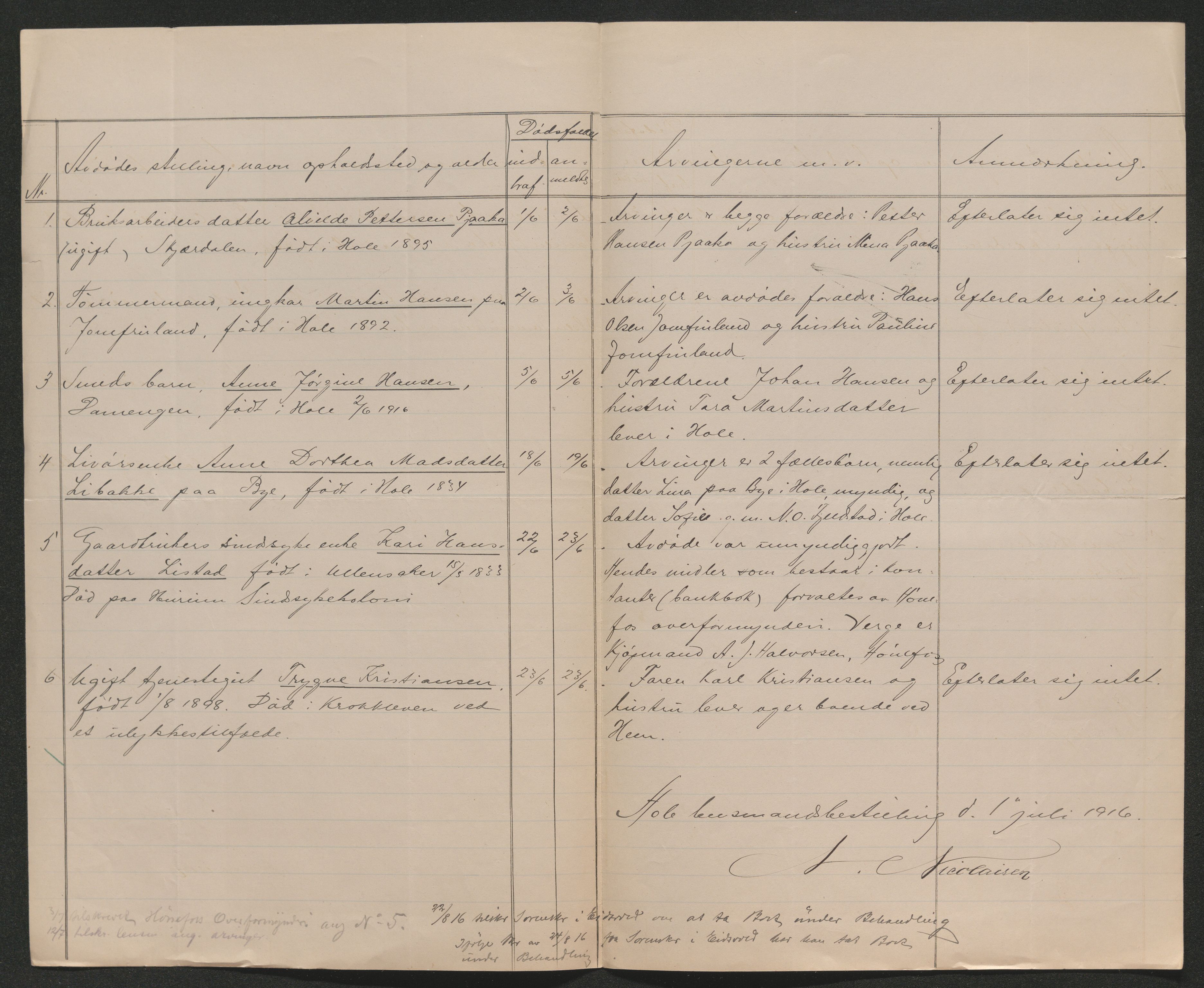Ringerike sorenskriveri, AV/SAKO-A-105/H/Ha/Hab/L0019: Dødsfallslister Hole, 1842-1917