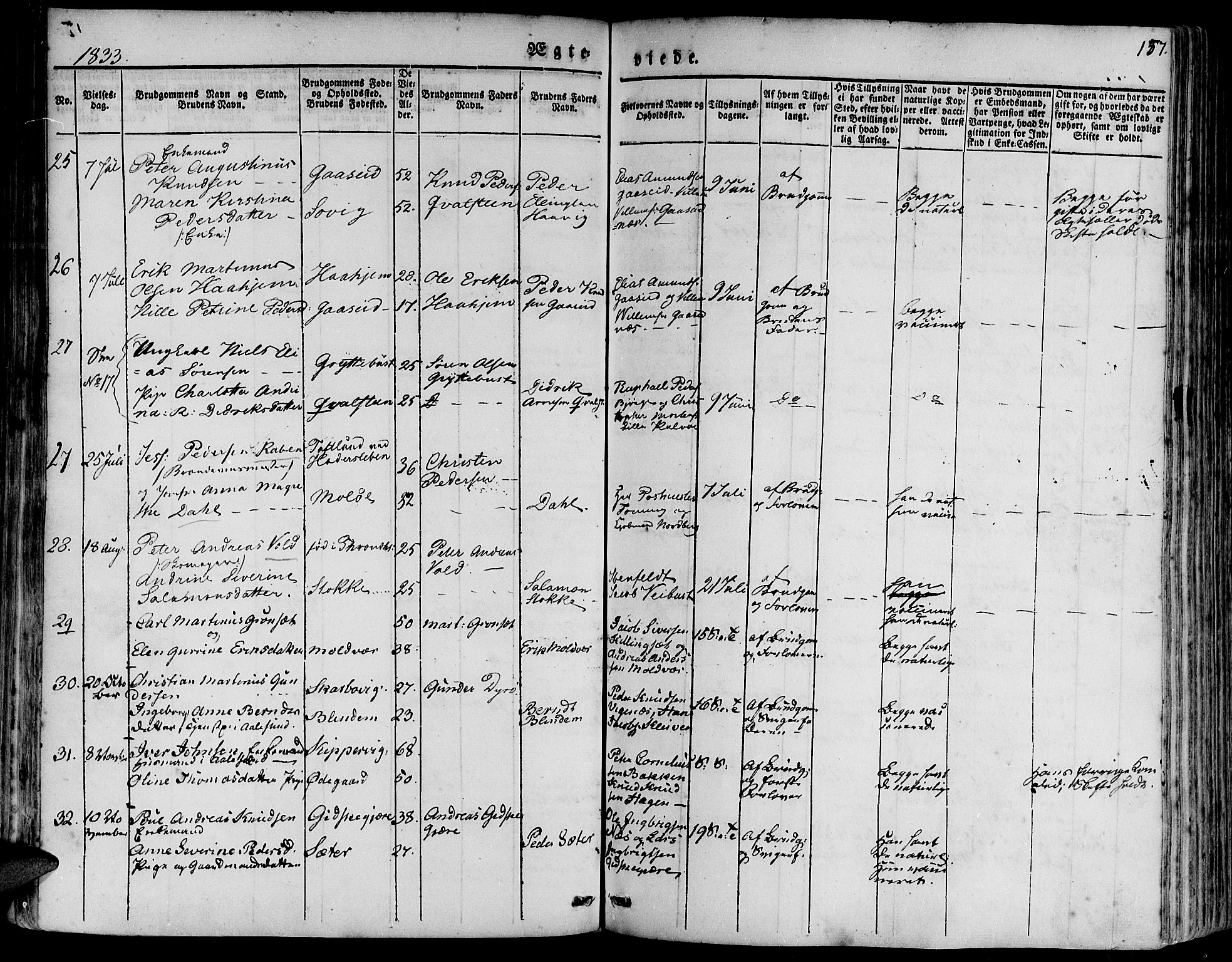 Ministerialprotokoller, klokkerbøker og fødselsregistre - Møre og Romsdal, AV/SAT-A-1454/528/L0395: Parish register (official) no. 528A06, 1828-1839, p. 157