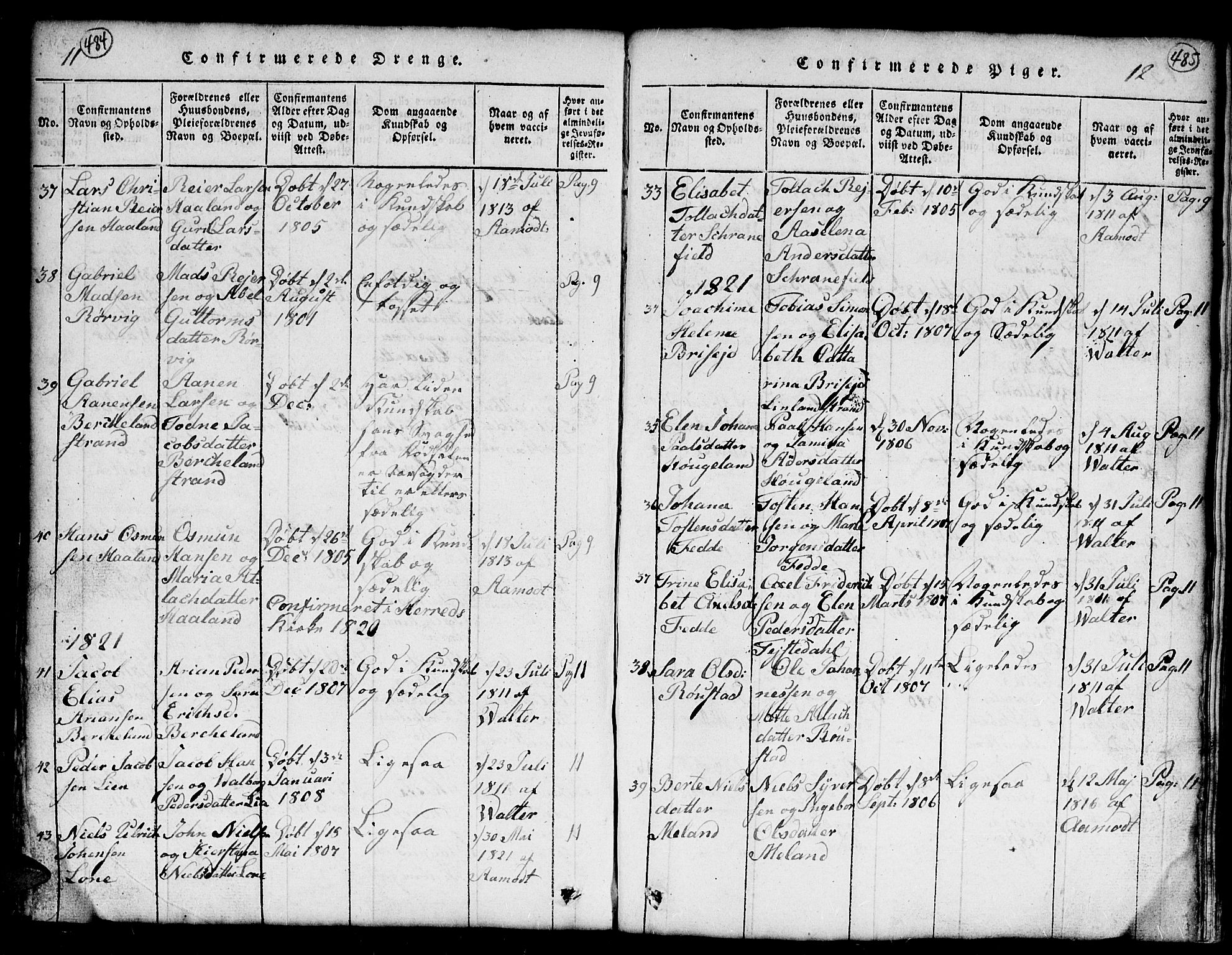 Kvinesdal sokneprestkontor, SAK/1111-0026/F/Fb/Fba/L0001: Parish register (copy) no. B 1, 1815-1839, p. 484-485