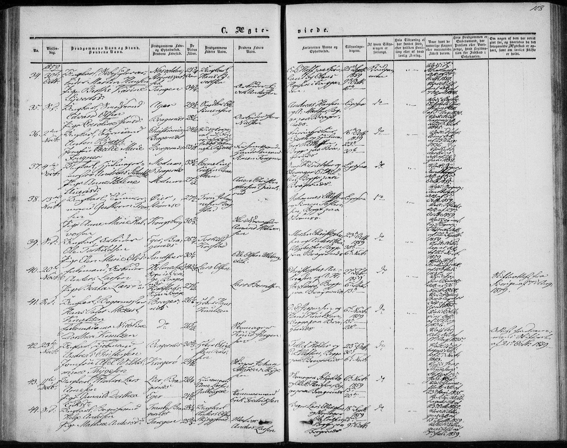 Bragernes kirkebøker, SAKO/A-6/F/Fc/L0002: Parish register (official) no. III 2, 1854-1865, p. 108