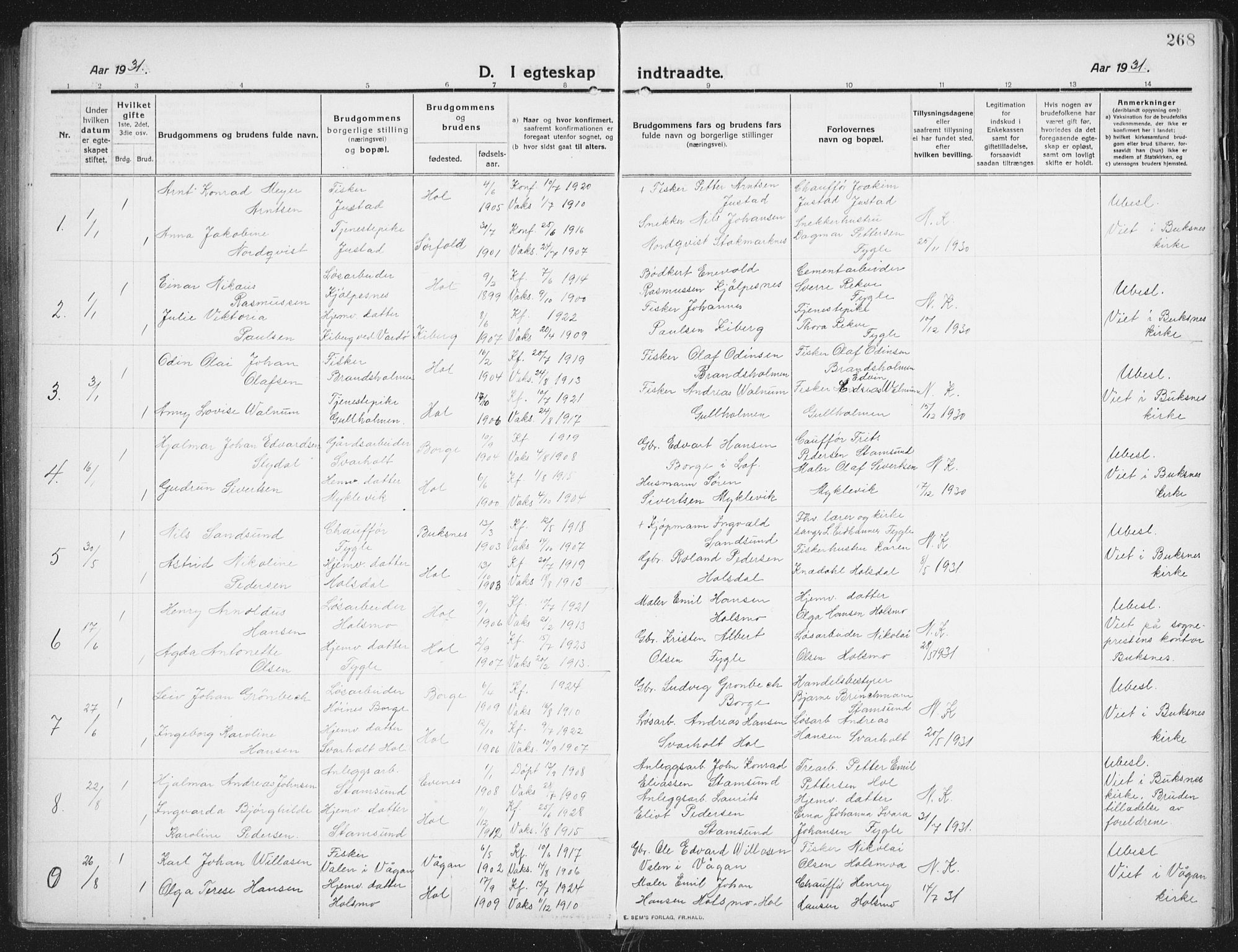 Ministerialprotokoller, klokkerbøker og fødselsregistre - Nordland, SAT/A-1459/882/L1183: Parish register (copy) no. 882C01, 1911-1938, p. 268