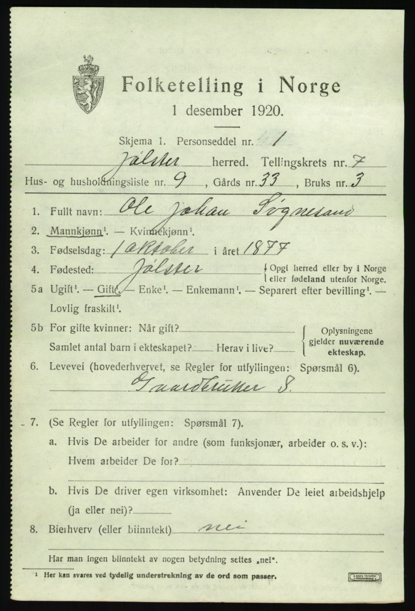 SAB, 1920 census for Jølster, 1920, p. 3662