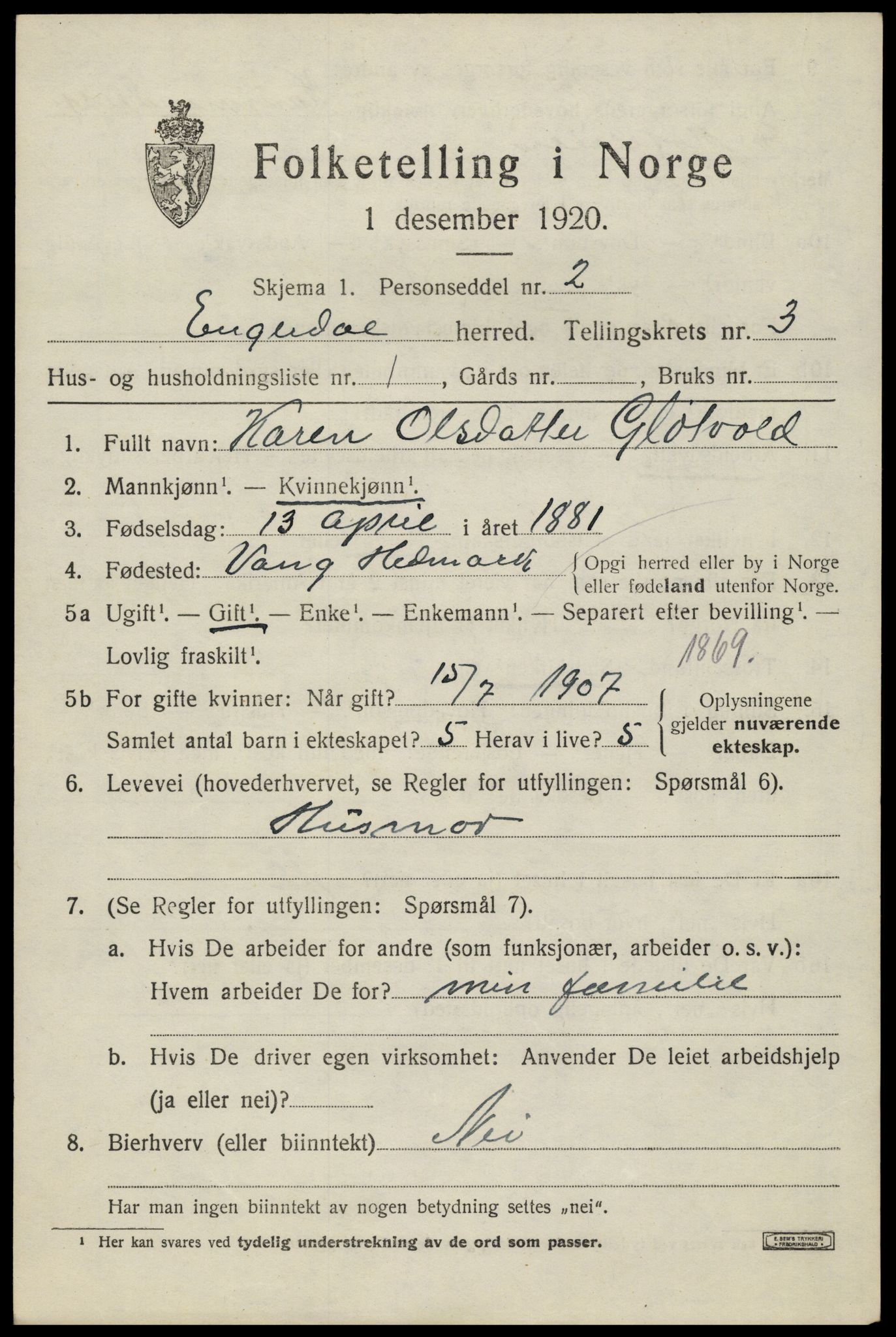 SAH, 1920 census for Engerdal, 1920, p. 1513