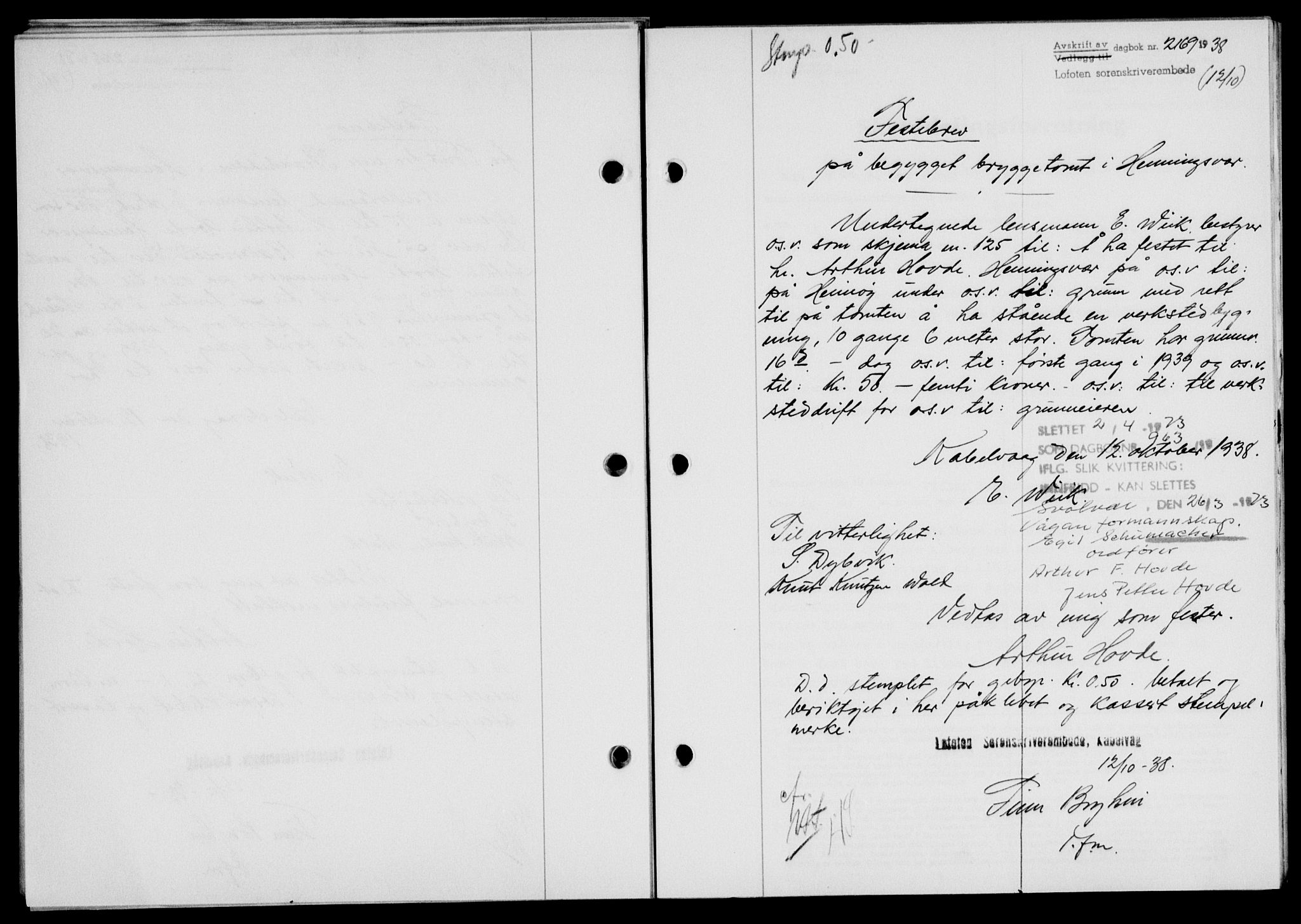 Lofoten sorenskriveri, SAT/A-0017/1/2/2C/L0004a: Mortgage book no. 4a, 1938-1938, Diary no: : 2169/1938