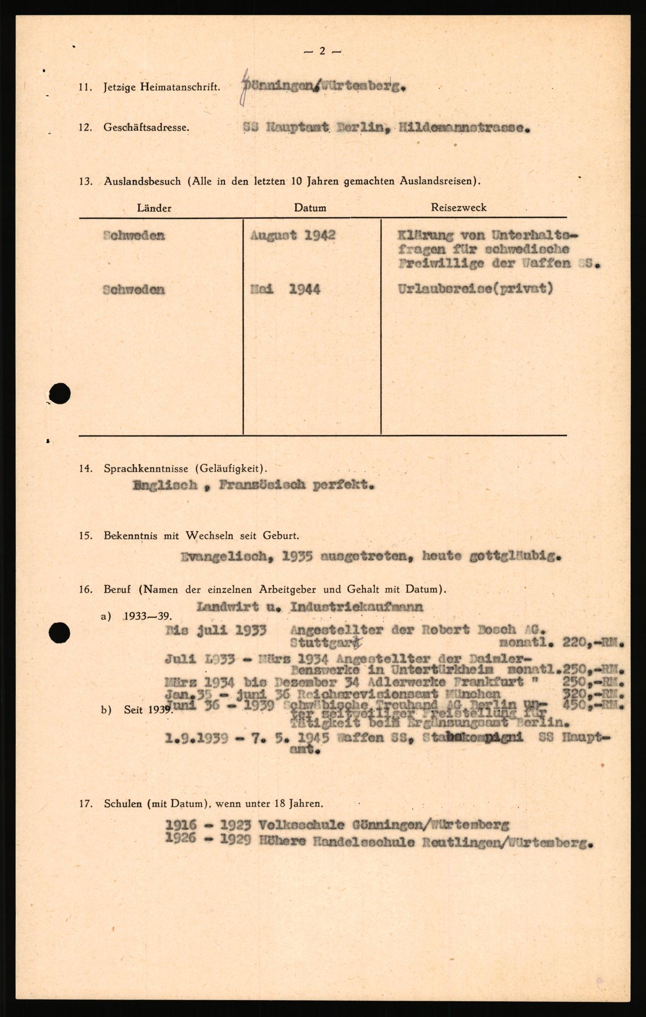 Forsvaret, Forsvarets overkommando II, AV/RA-RAFA-3915/D/Db/L0020: CI Questionaires. Tyske okkupasjonsstyrker i Norge. Tyskere., 1945-1946, p. 2